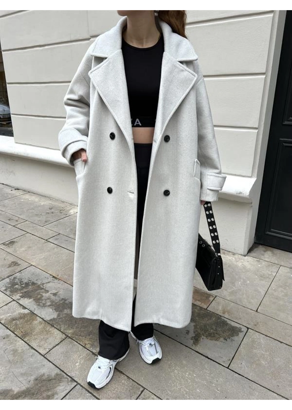 Mango Model Premium Kuşaklı Buz Gri Oversize Kaban