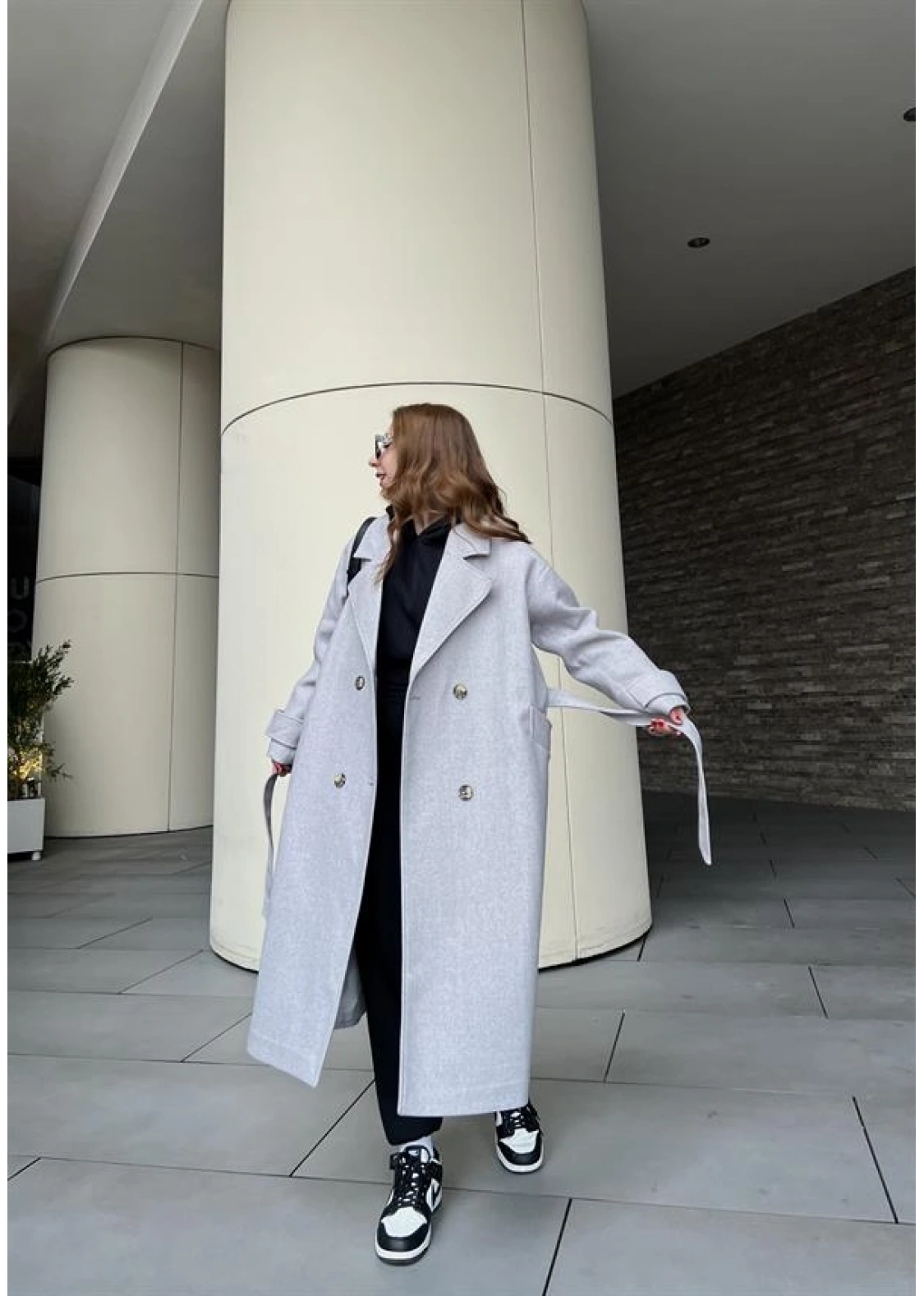 Mango Model Premium Kuşaklı Gri Oversize Kaban