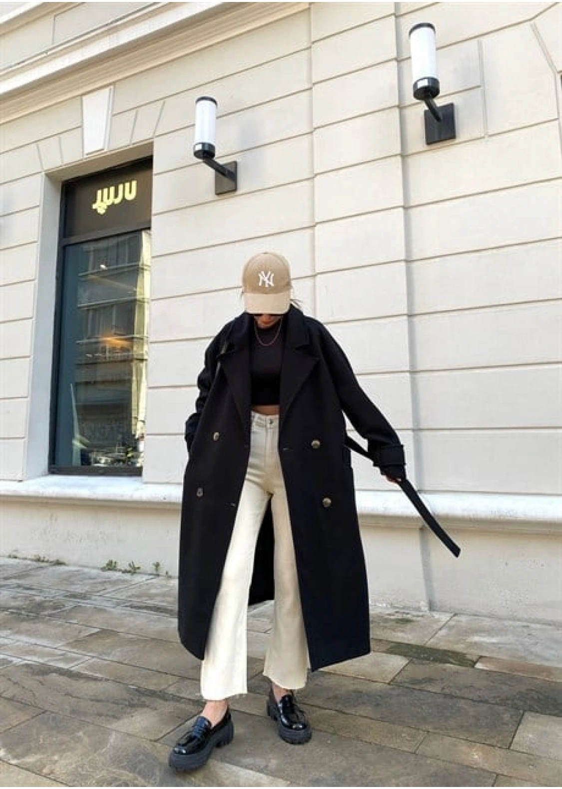 Mango Model Premium Kuşaklı Siyah Oversize Kaban