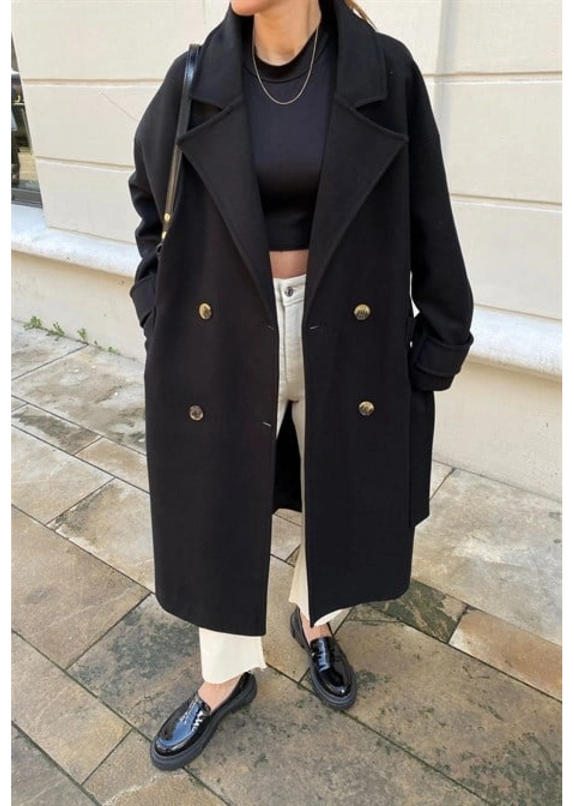 Mango Model Premium Kuşaklı Siyah Oversize Kaban