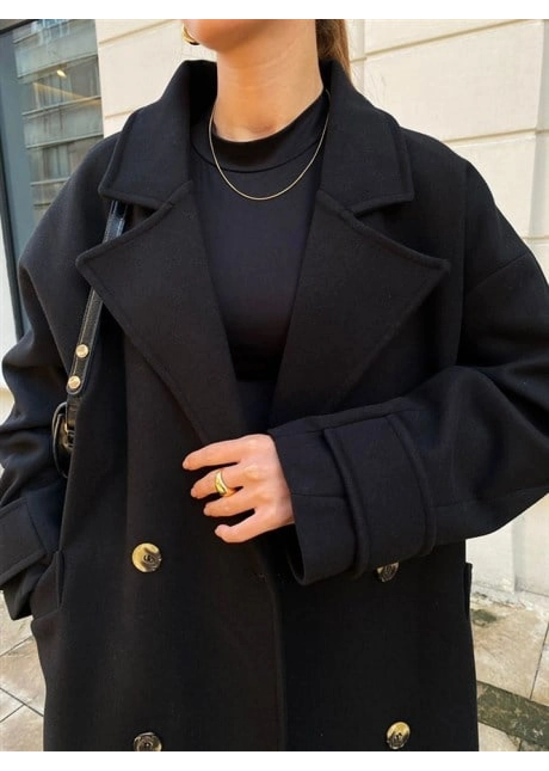 Mango Model Premium Kuşaklı Siyah Oversize Kaban