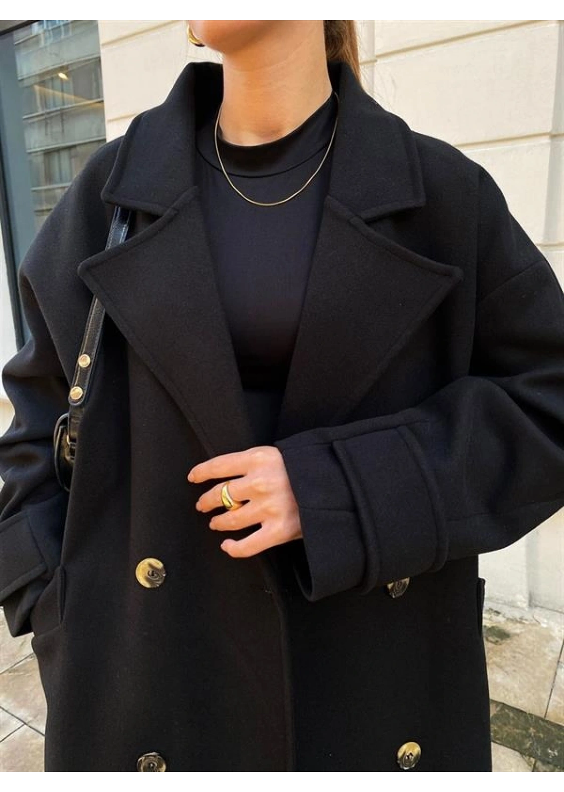 Mango Model Premium Kuşaklı Siyah Oversize Kaban