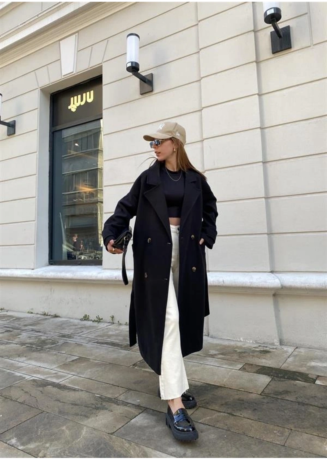 Mango Model Premium Kuşaklı Siyah Oversize Kaban