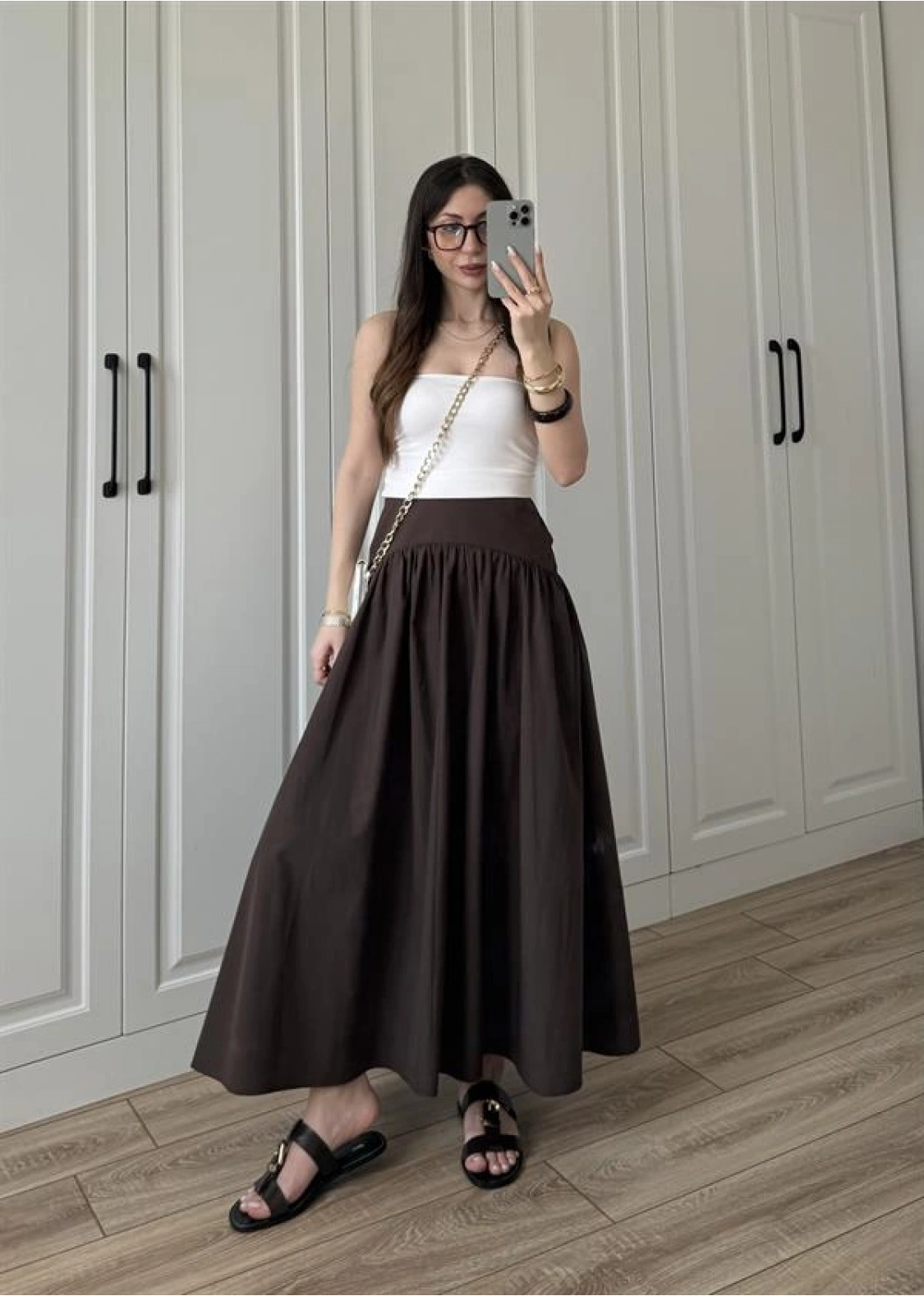 Massi Model Bel Detaylı Kahve Poplin Etek