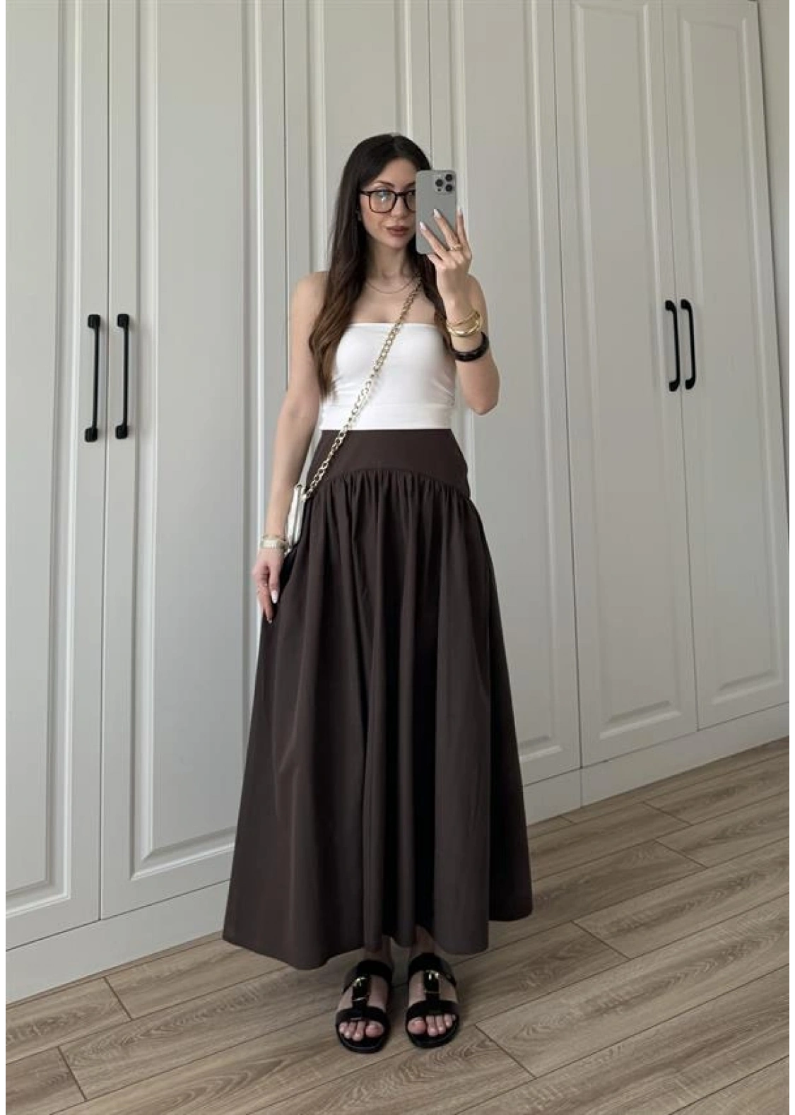 Massi Model Bel Detaylı Kahve Poplin Etek