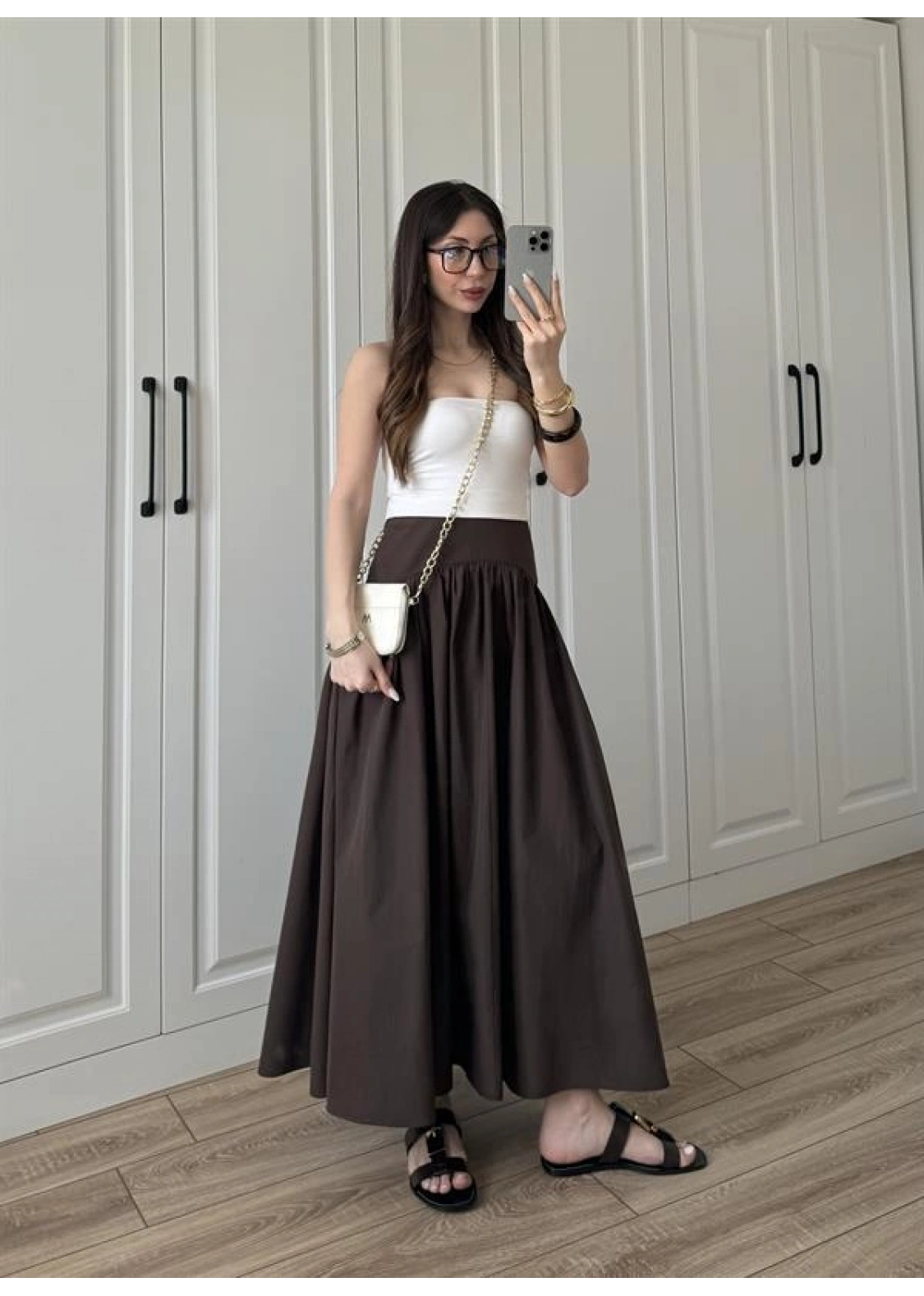 Massi Model Bel Detaylı Kahve Poplin Etek