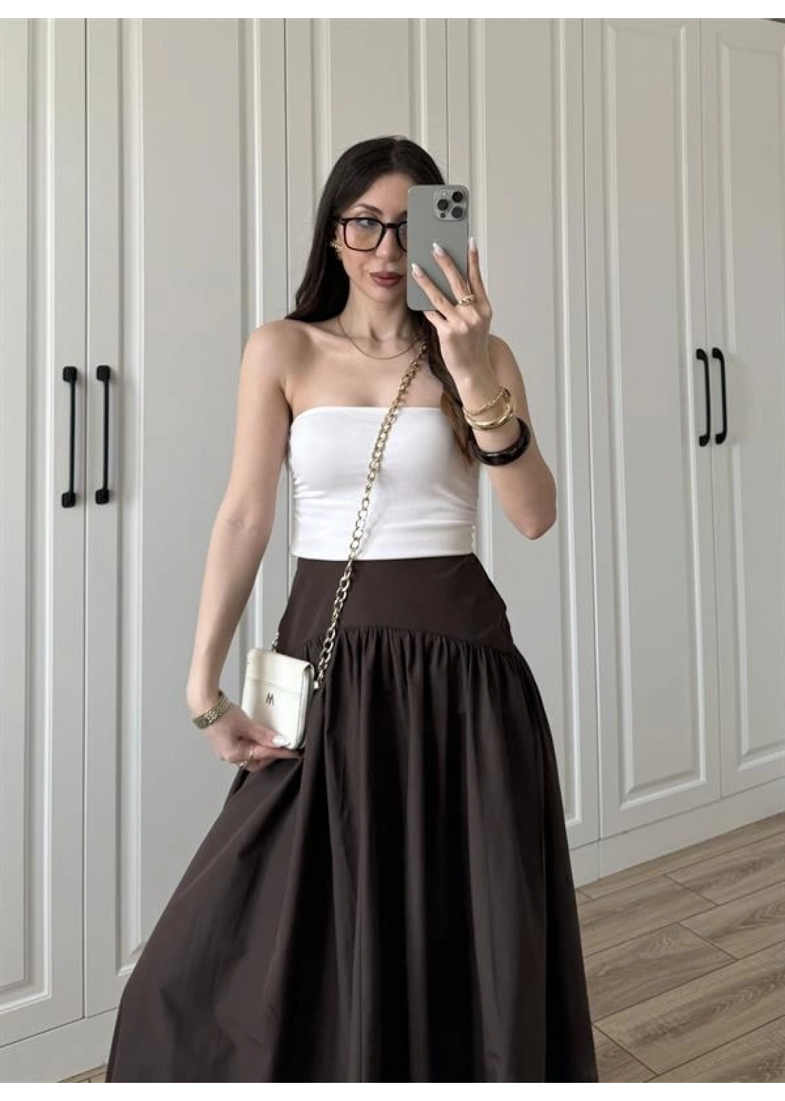 Massi Model Bel Detaylı Kahve Poplin Etek