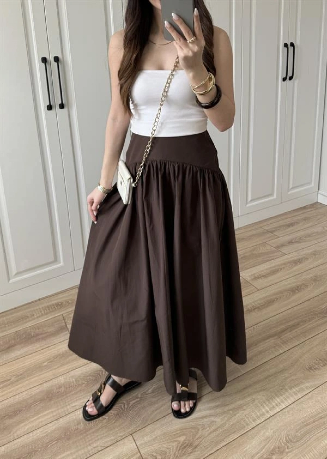 Massi Model Bel Detaylı Kahve Poplin Etek