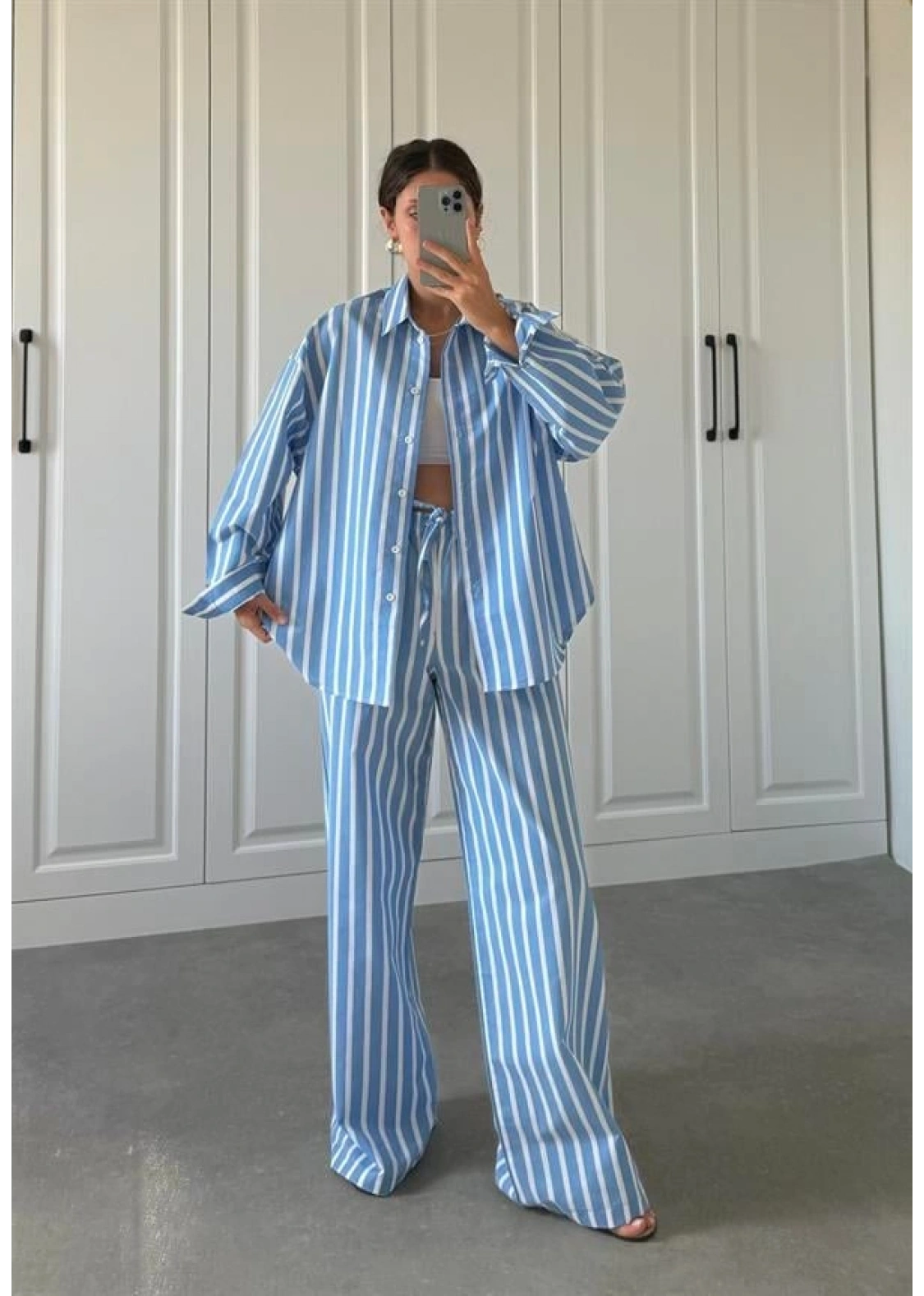 Mavi Çizgili Poplin Takım
