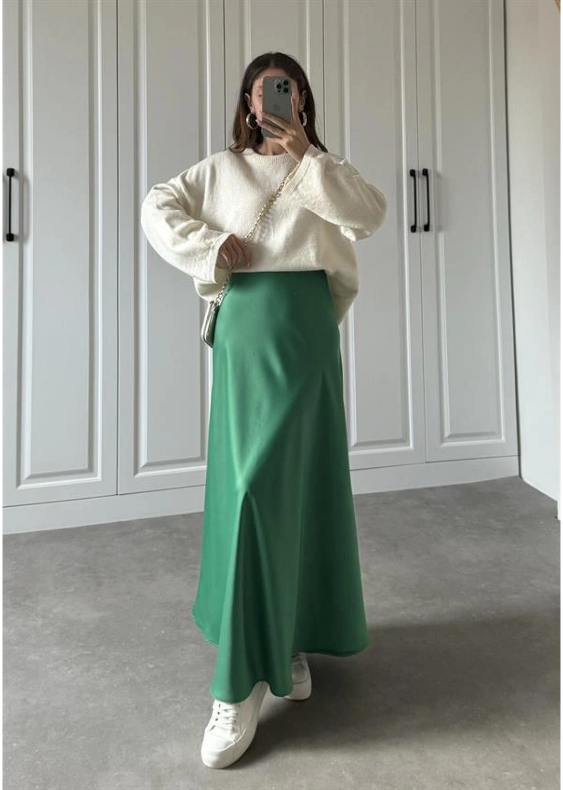 Maxi Boy Yeşil Saten Etek