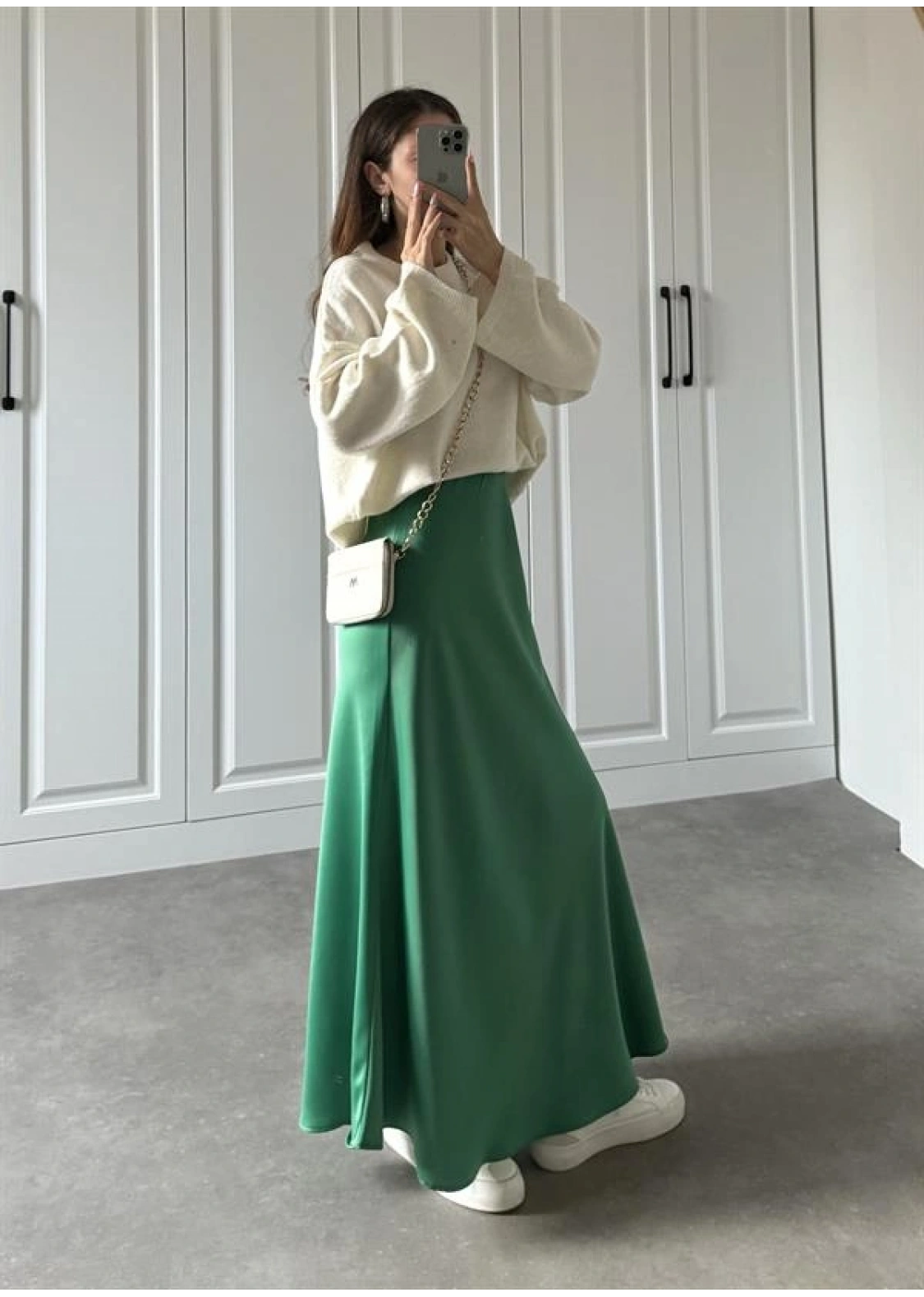 Maxi Boy Yeşil Saten Etek