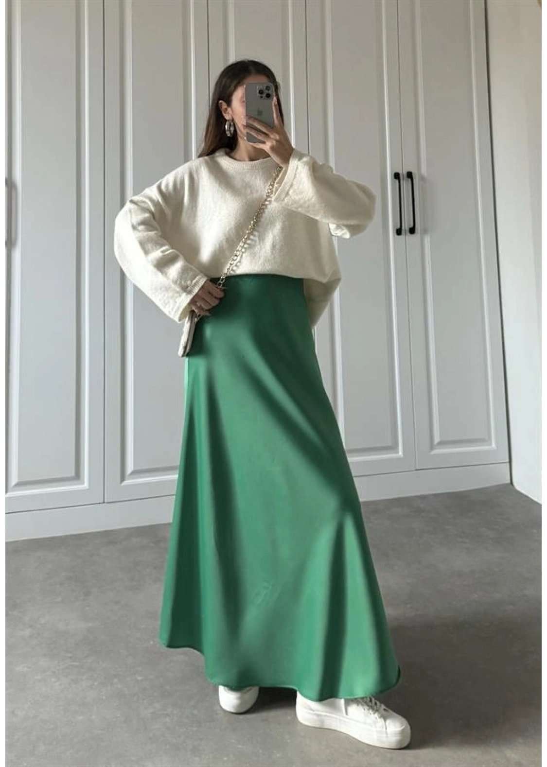 Maxi Boy Yeşil Saten Etek