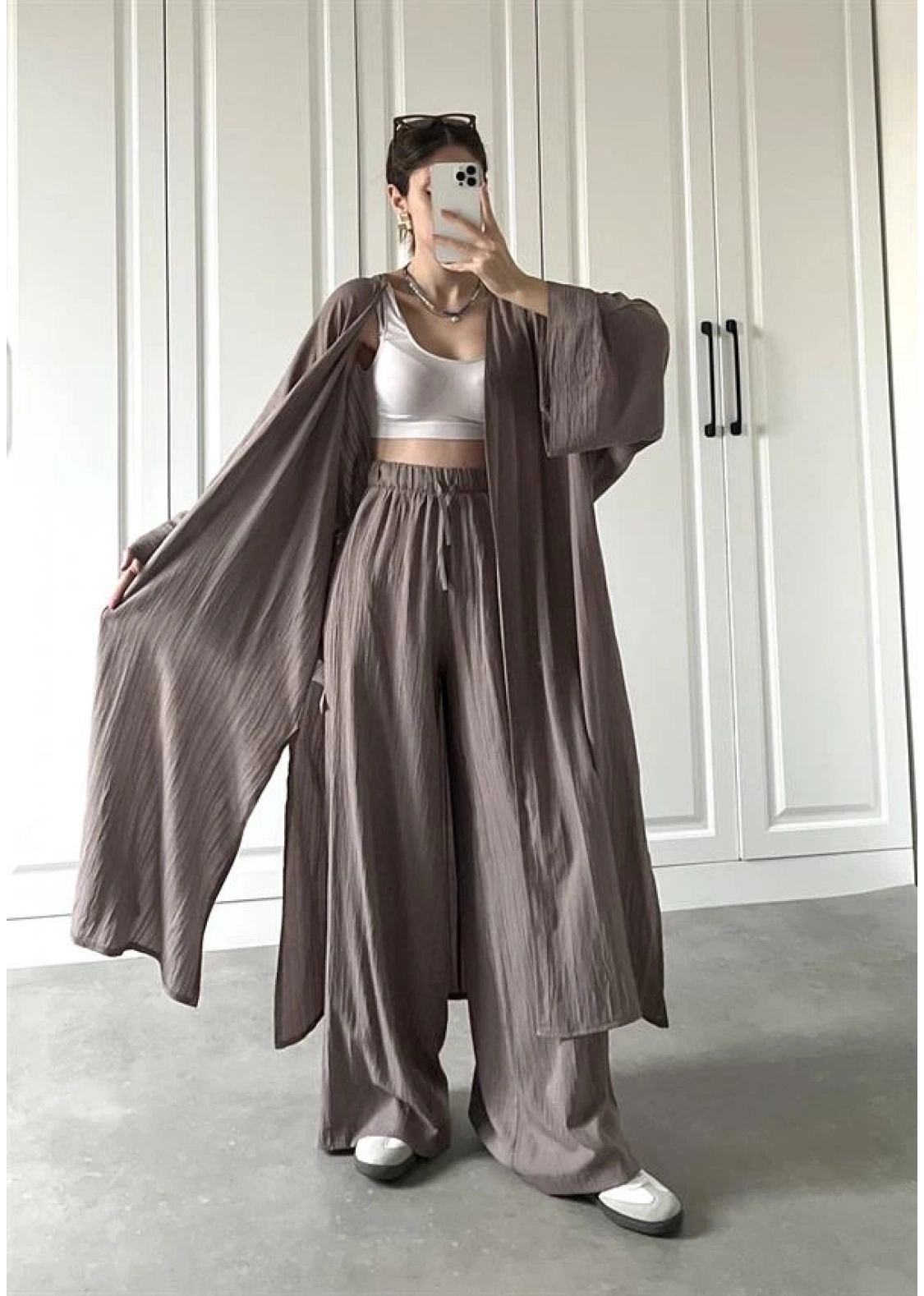 Maxi Uzun Devedikeni Gofre Kimono Takım