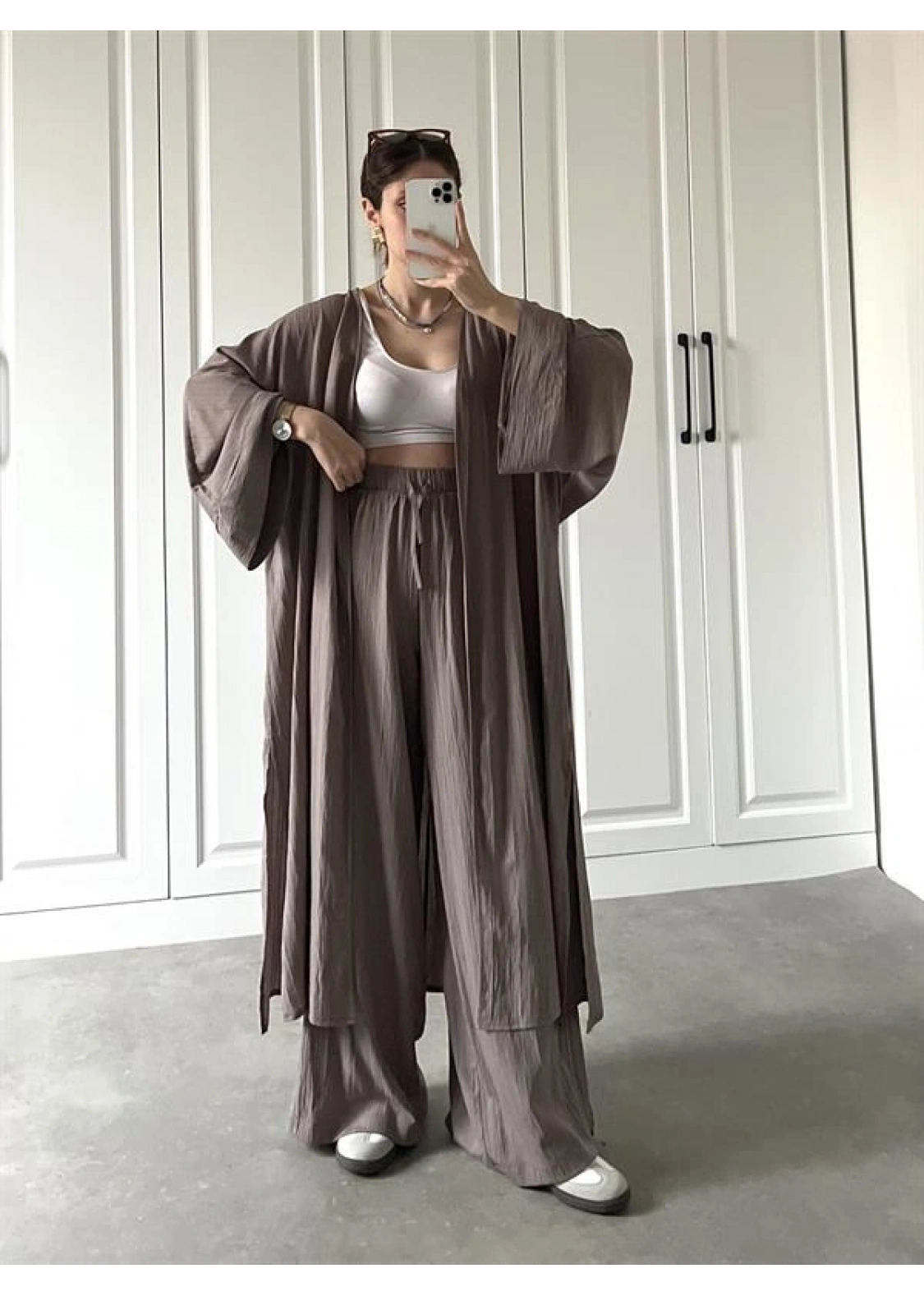 Maxi Uzun Devedikeni Gofre Kimono Takım
