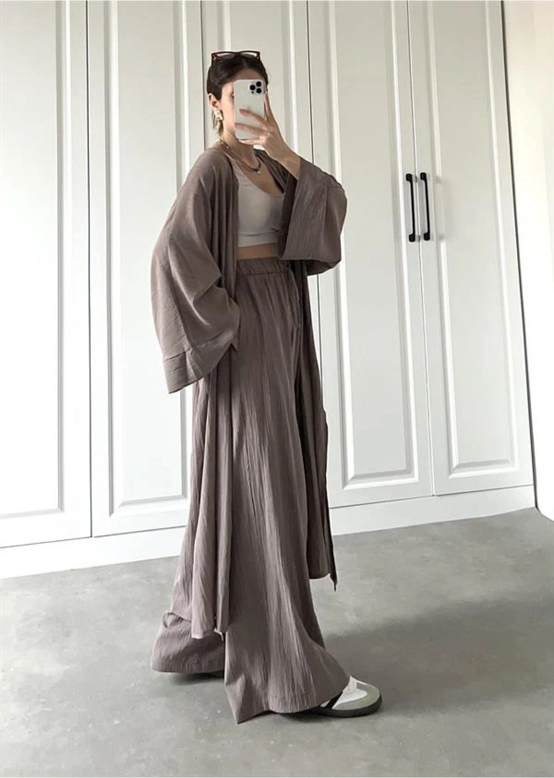 Maxi Uzun Devedikeni Gofre Kimono Takım