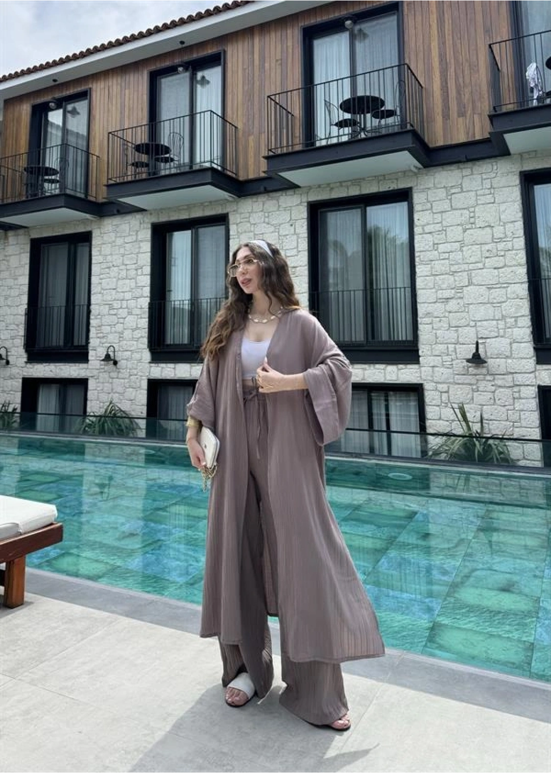 Maxi Uzun Devedikeni Gofre Kimono Takım