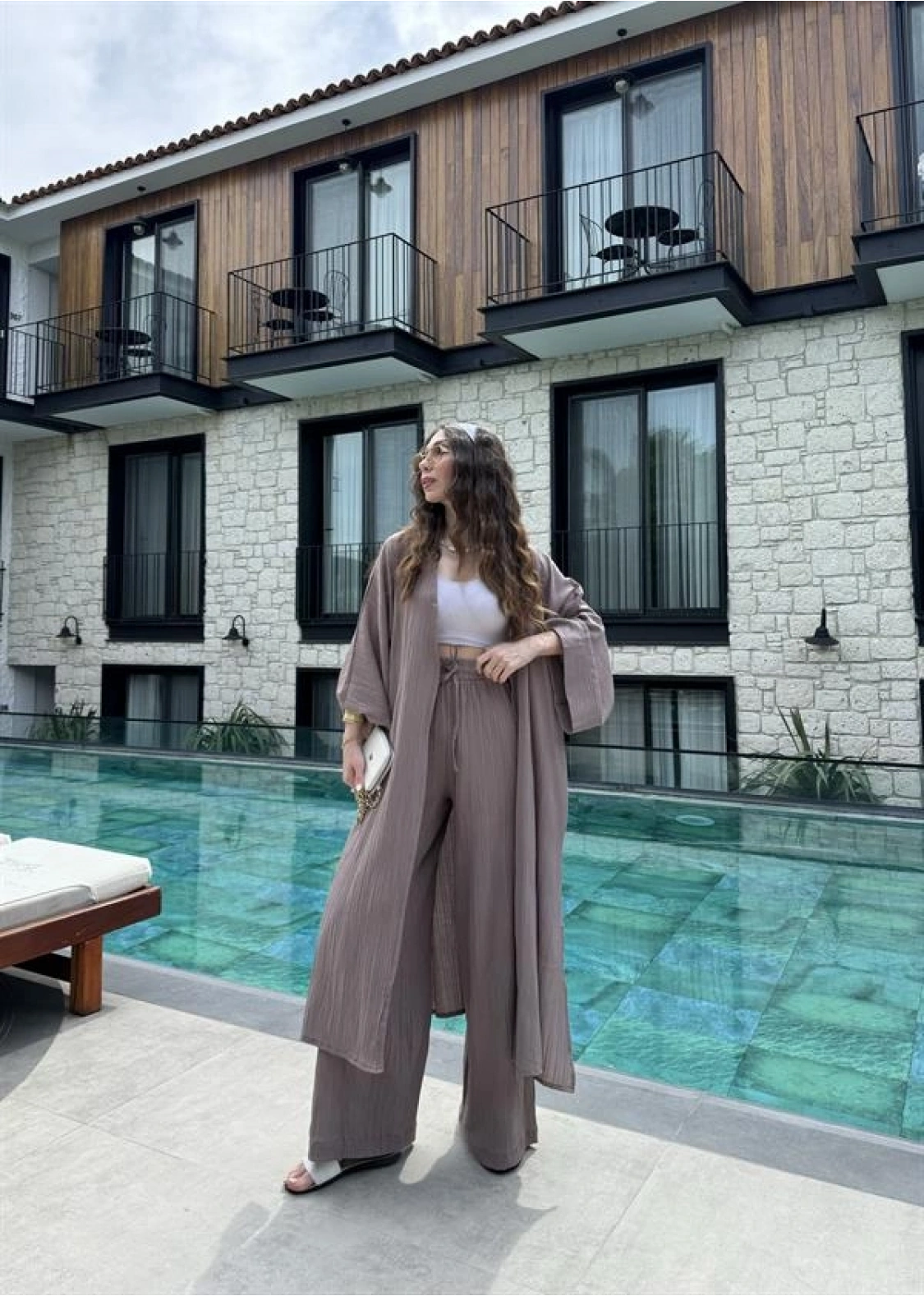 Maxi Uzun Devedikeni Gofre Kimono Takım