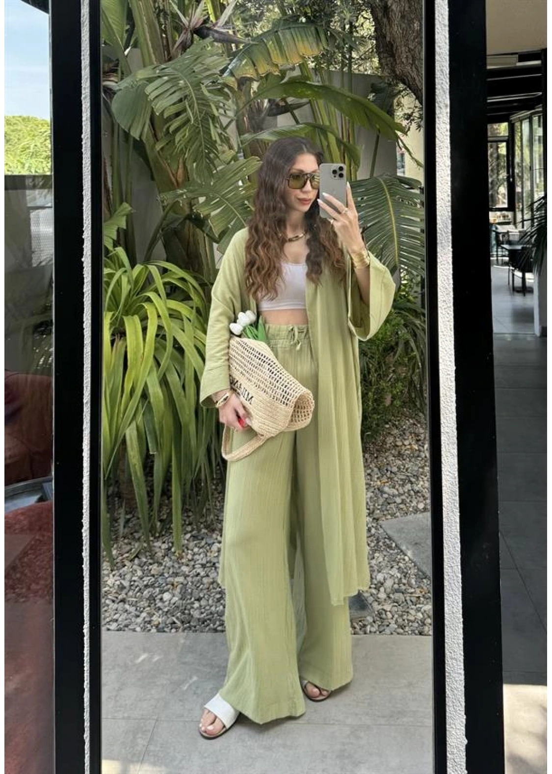 Maxi Uzun Nude Yeşili Gofre Kimono Takım