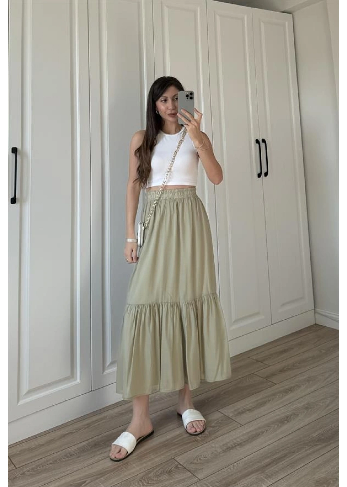 Midi Boy Şifon Astarlı Çağla Etek