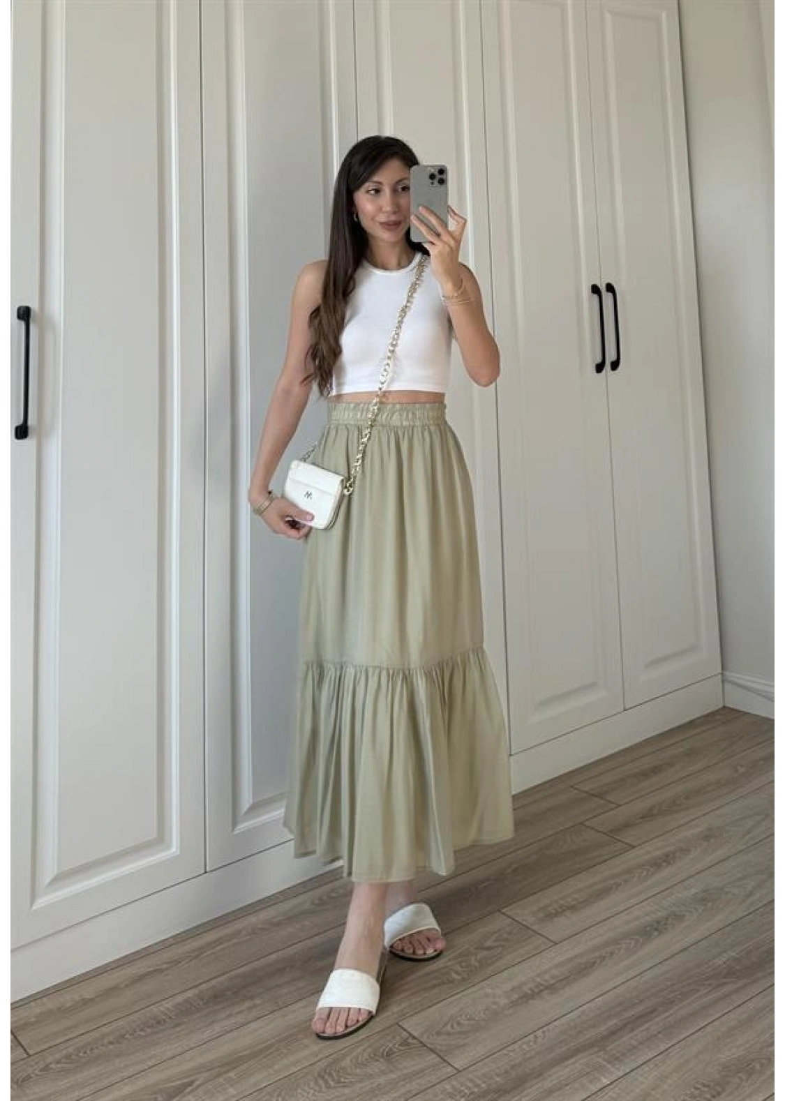 Midi Boy Şifon Astarlı Çağla Etek