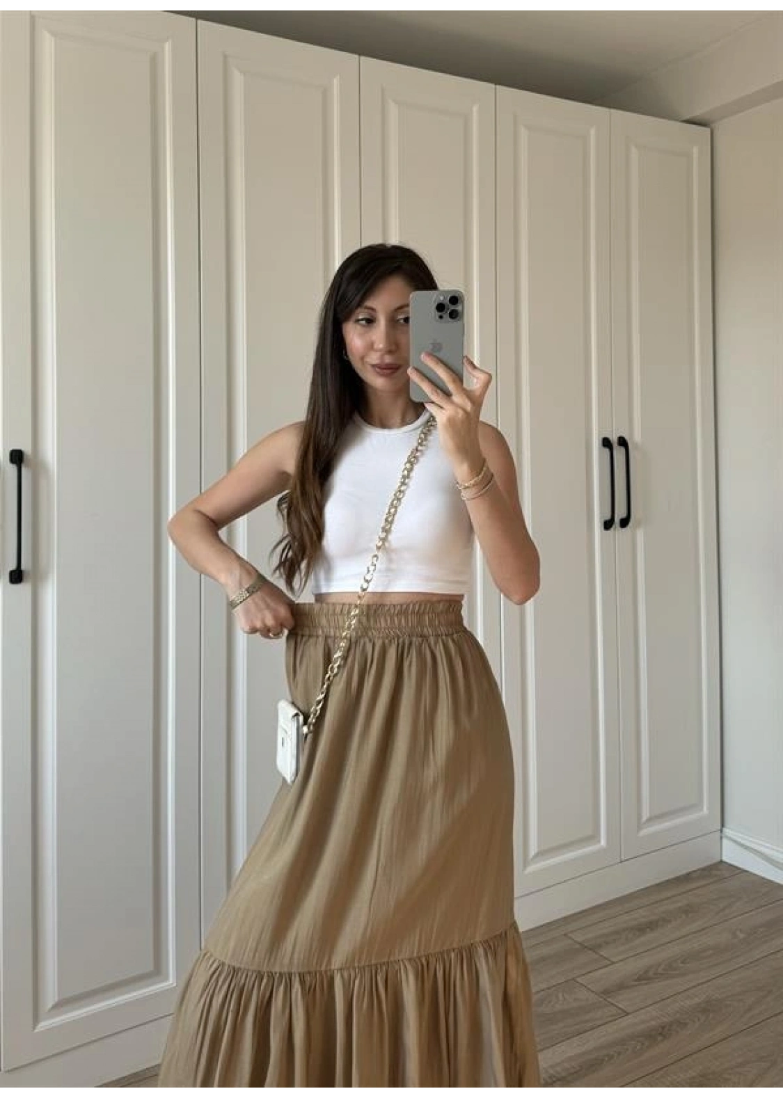 Midi Boy Şifon Astarlı Cappuccino Etek