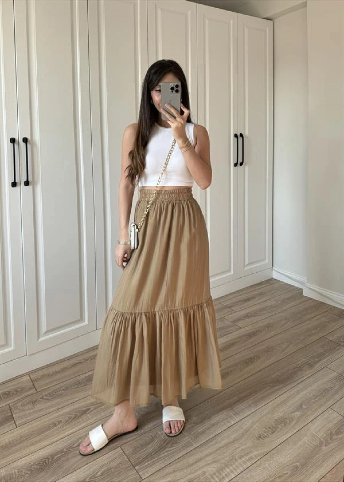 Midi Boy Şifon Astarlı Cappuccino Etek