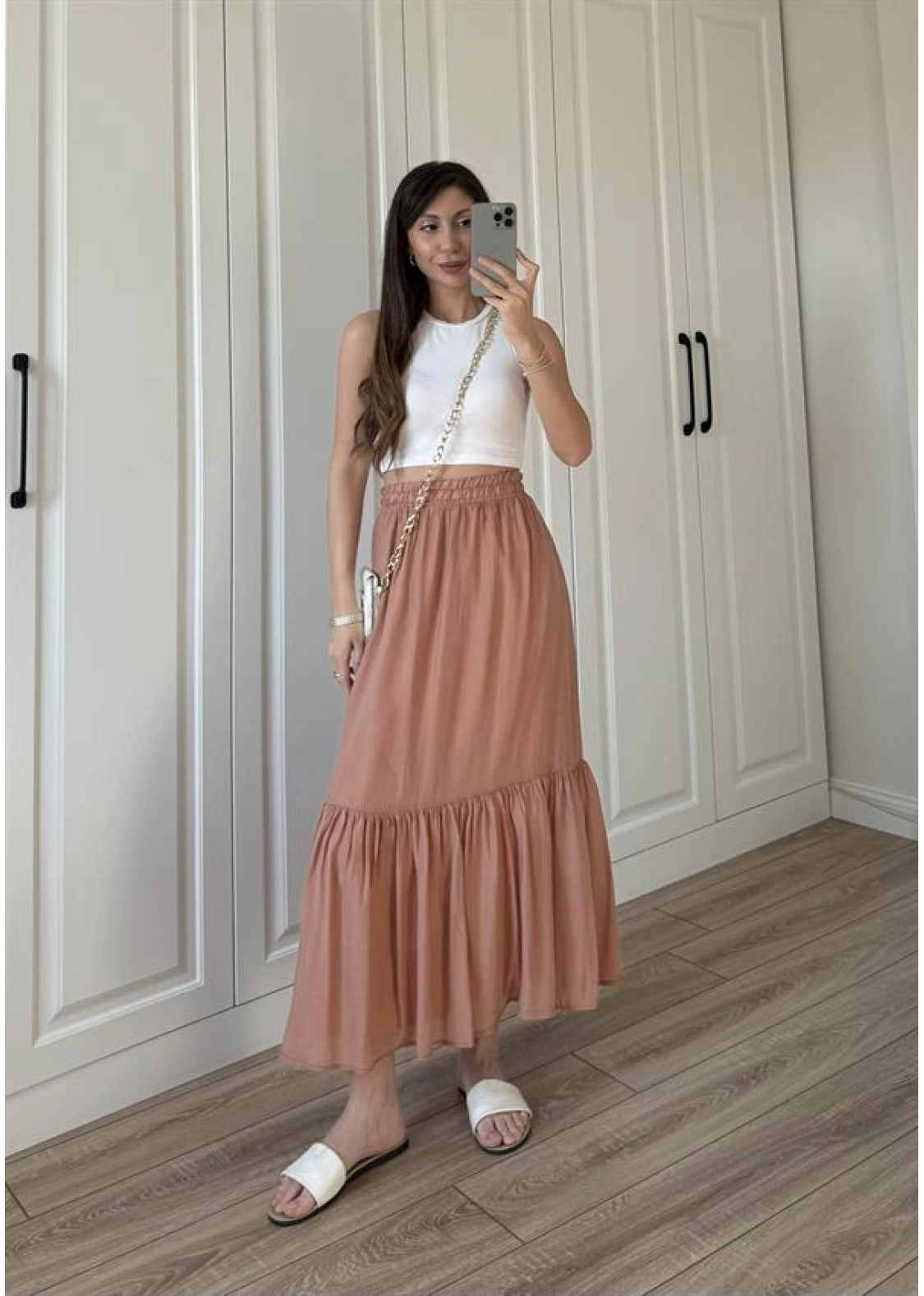 Midi Boy Şifon Astarlı Tarçın Etek