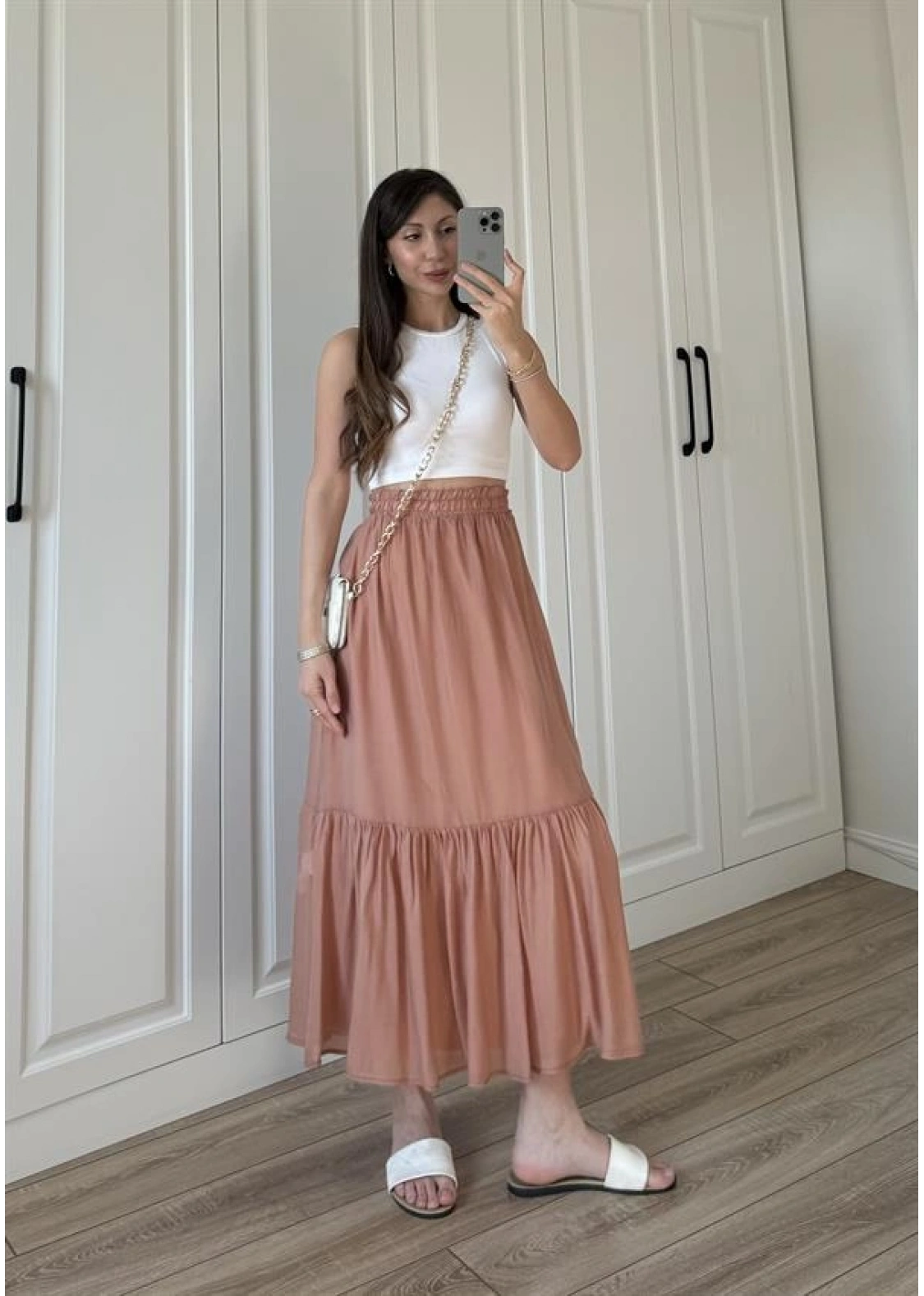 Midi Boy Şifon Astarlı Tarçın Etek