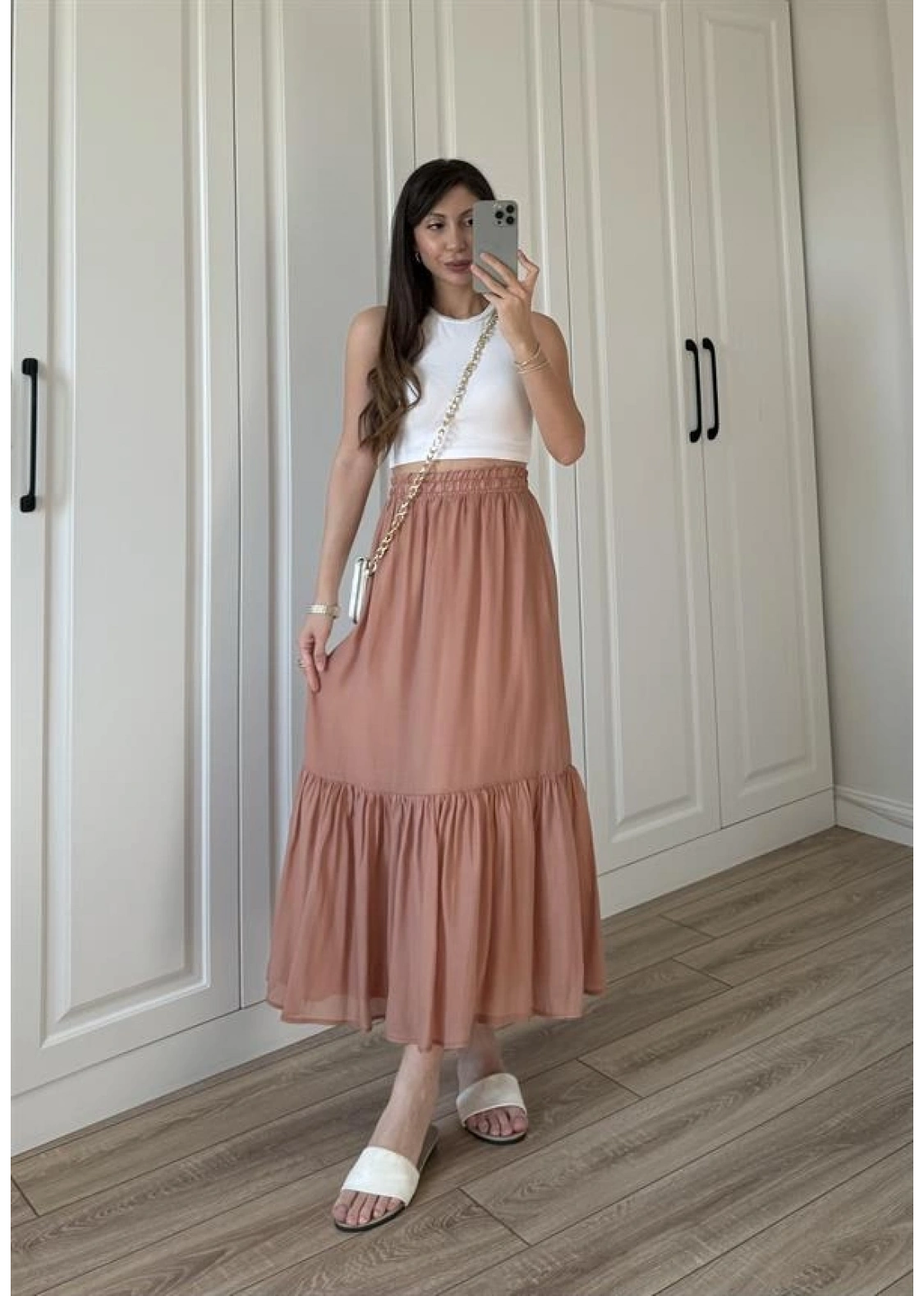 Midi Boy Şifon Astarlı Tarçın Etek