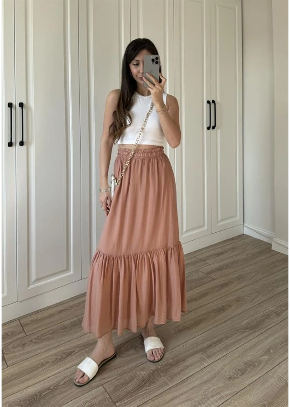 Midi Boy Şifon Astarlı Tarçın Etek