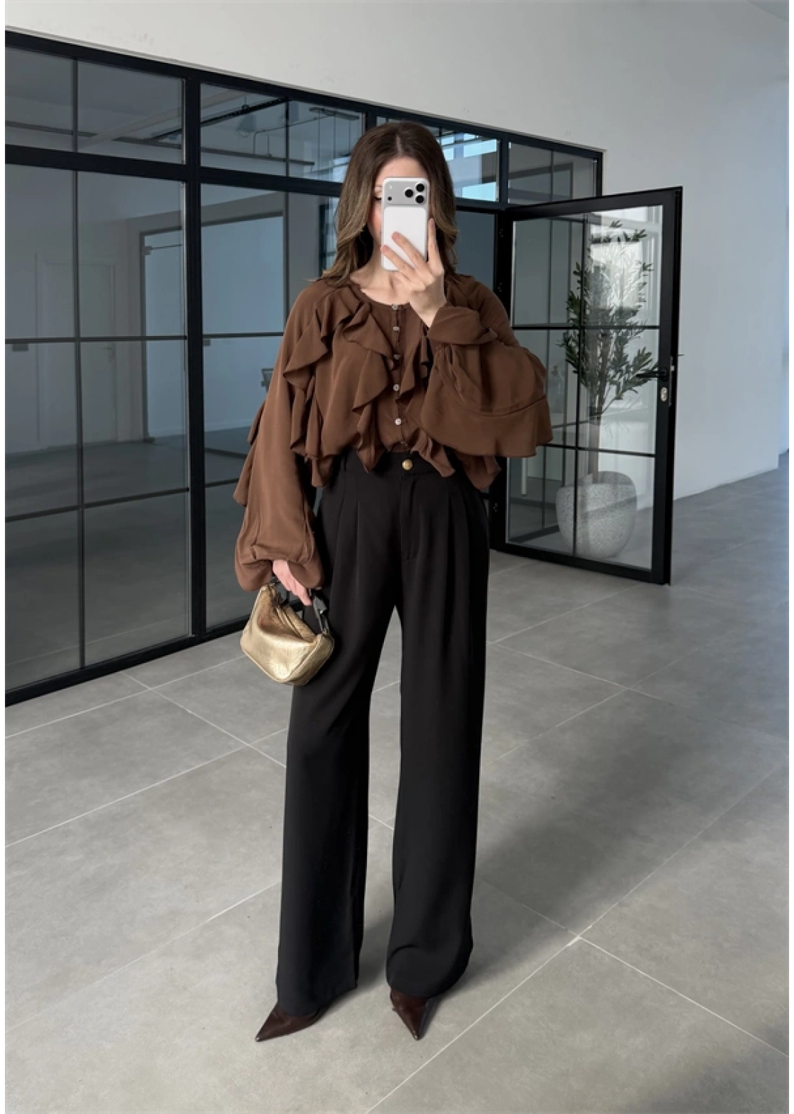 Milano Fırfırlı Kahve Tül Bluz