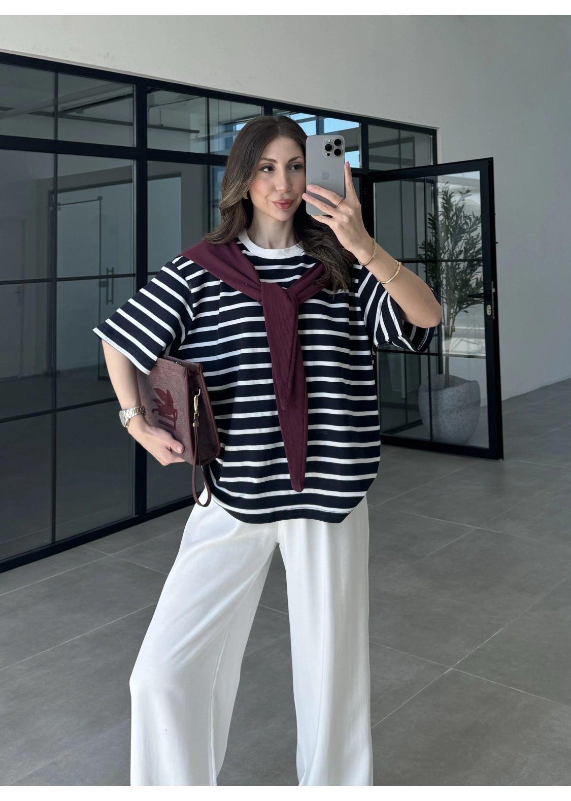 Mürdüm Atkılı Çizgili T-shirt