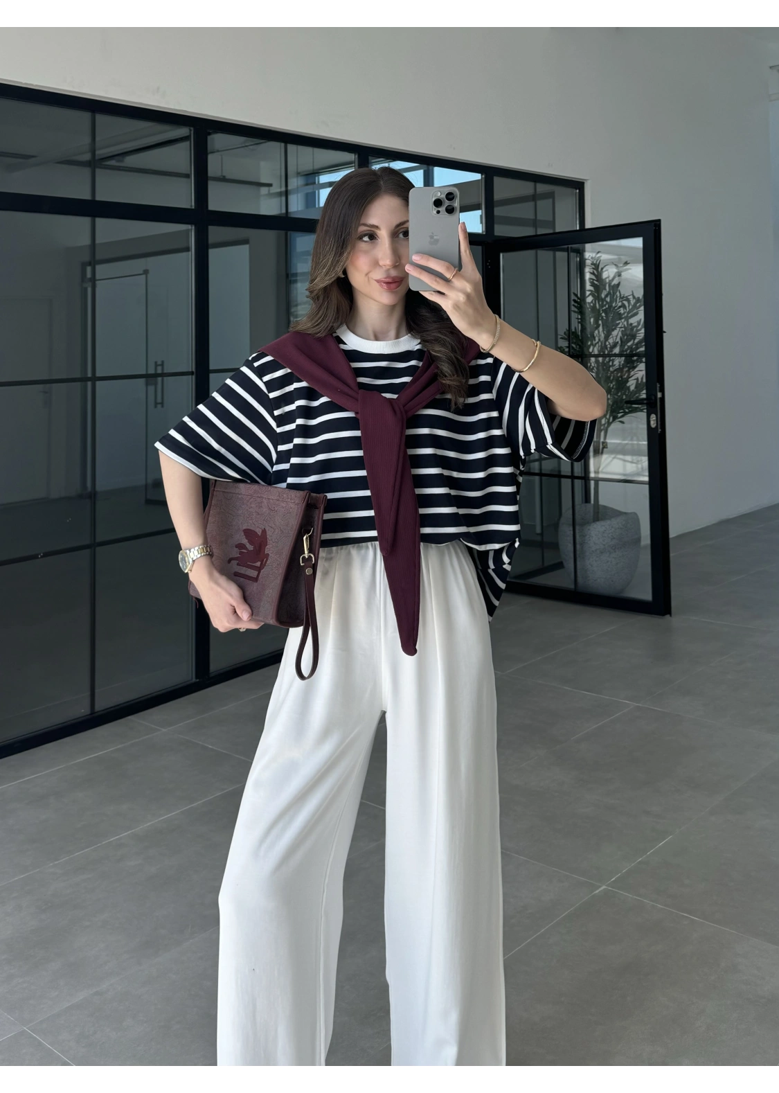 Mürdüm Atkılı Çizgili T-shirt