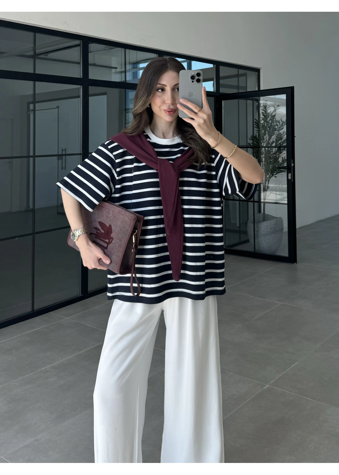 Mürdüm Atkılı Çizgili T-shirt