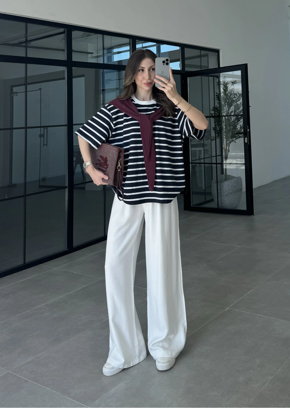 Mürdüm Atkılı Çizgili T-shirt