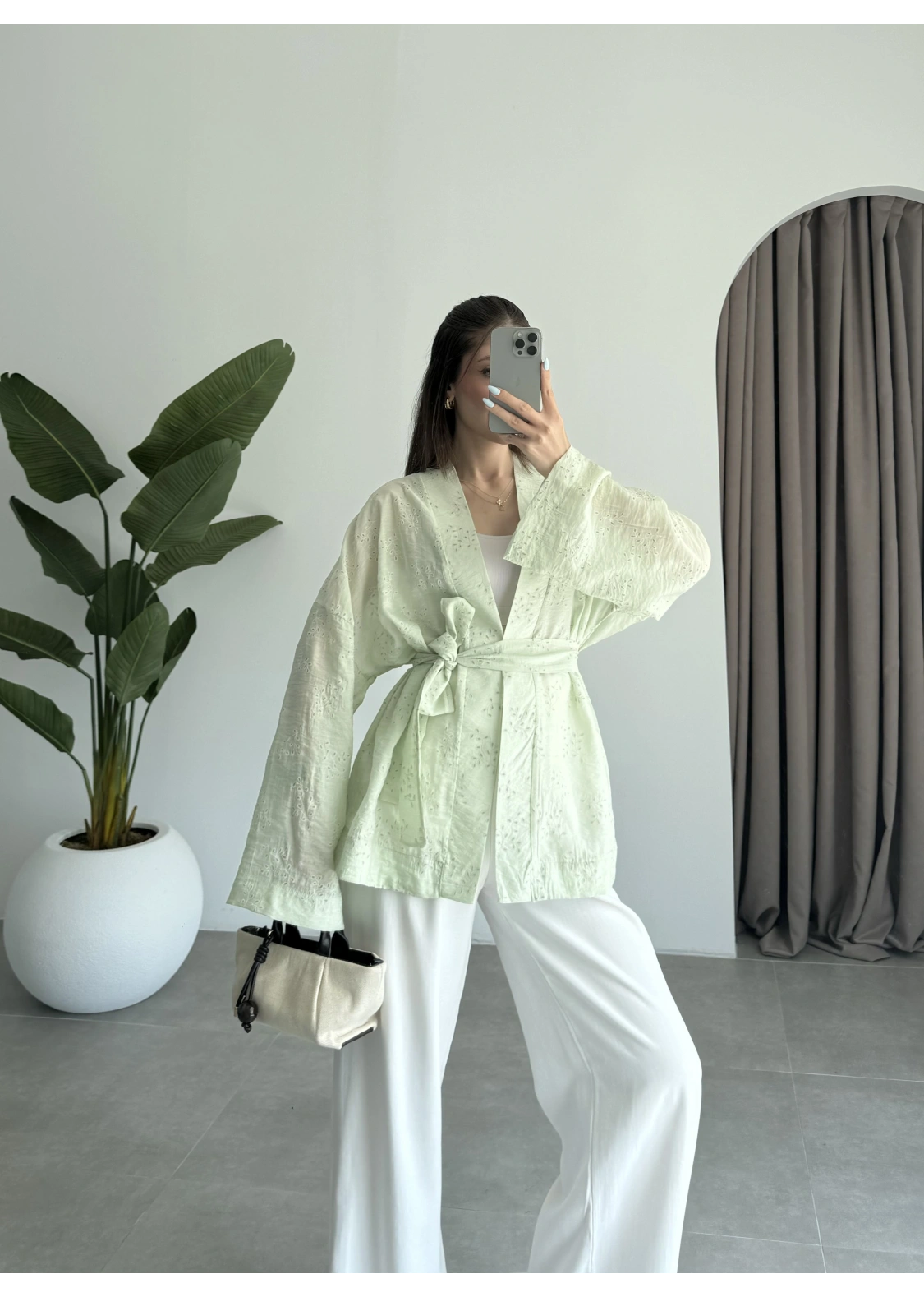Nakış Baskılı Kuşaklı Adaçayı Kimono