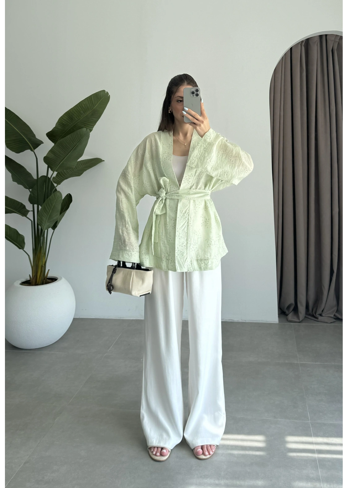Nakış Baskılı Kuşaklı Adaçayı Kimono