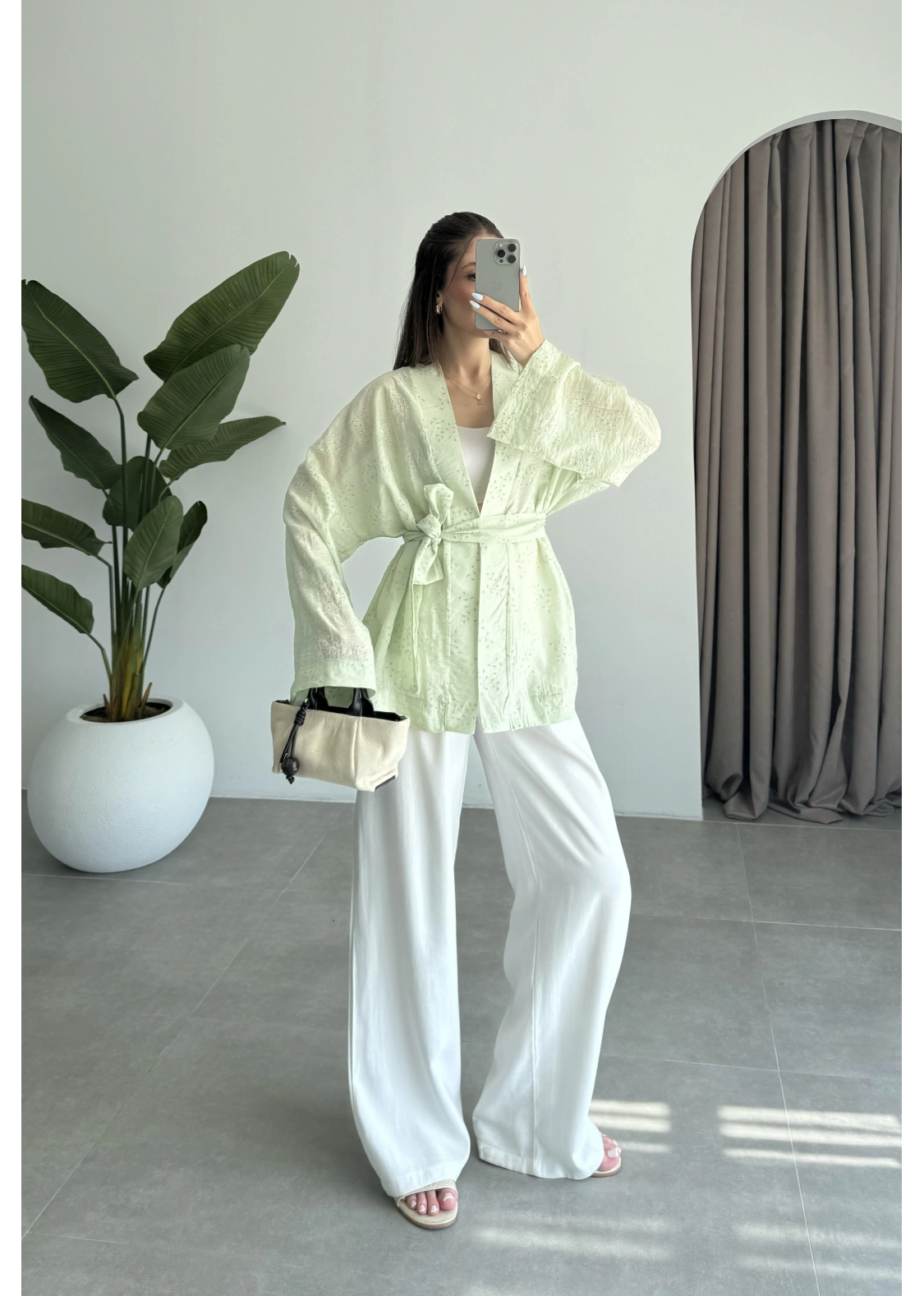 Nakış Baskılı Kuşaklı Adaçayı Kimono