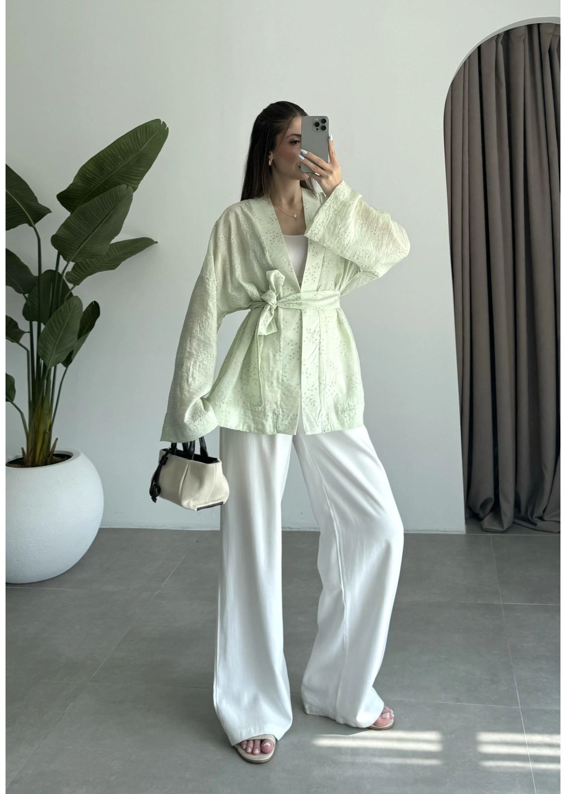 Nakış Baskılı Kuşaklı Adaçayı Kimono