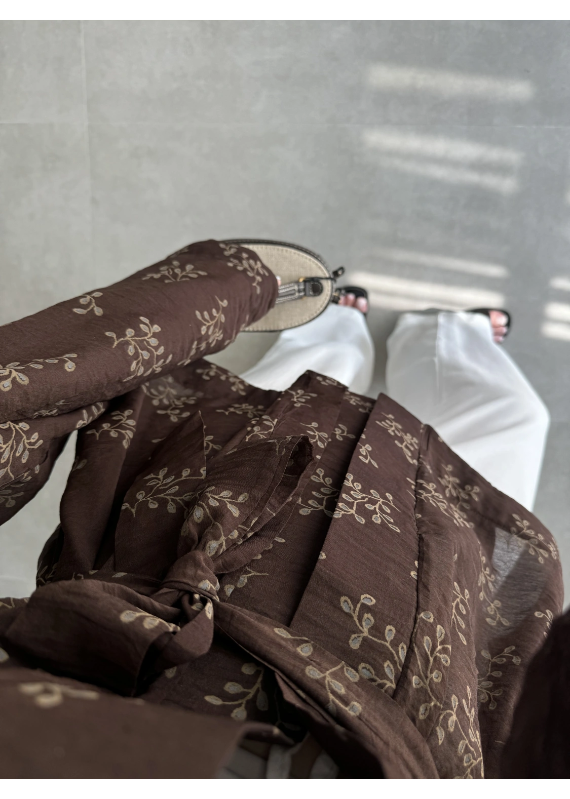 Nakış Baskılı Kuşaklı Kahve Kimono