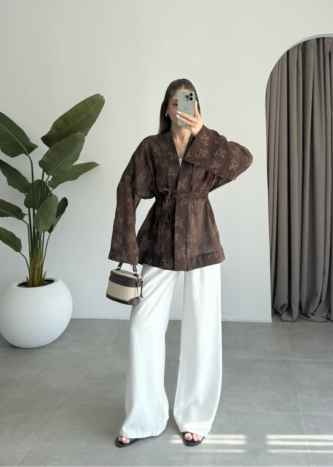 Nakış Baskılı Kuşaklı Kahve Kimono