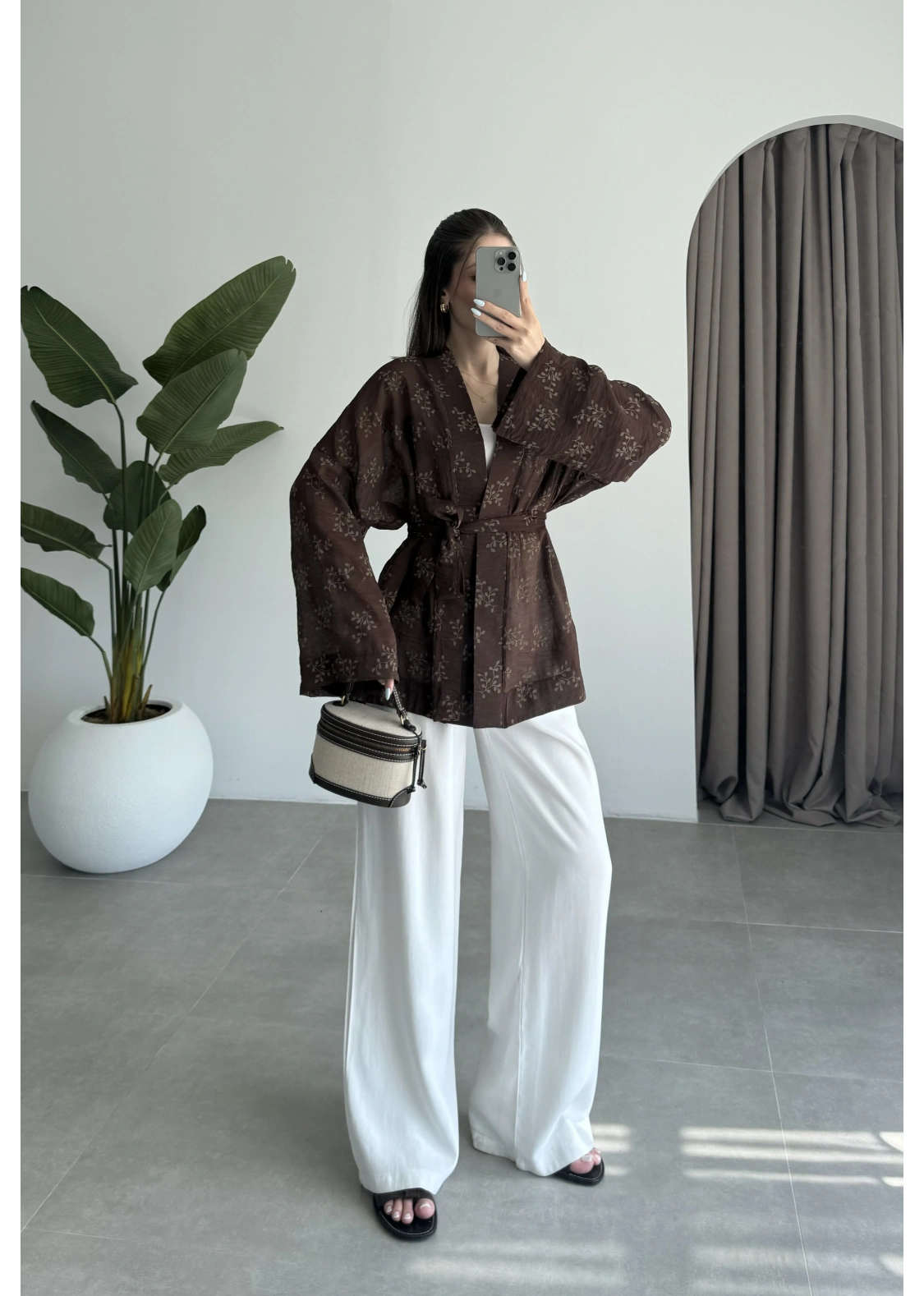 Nakış Baskılı Kuşaklı Kahve Kimono