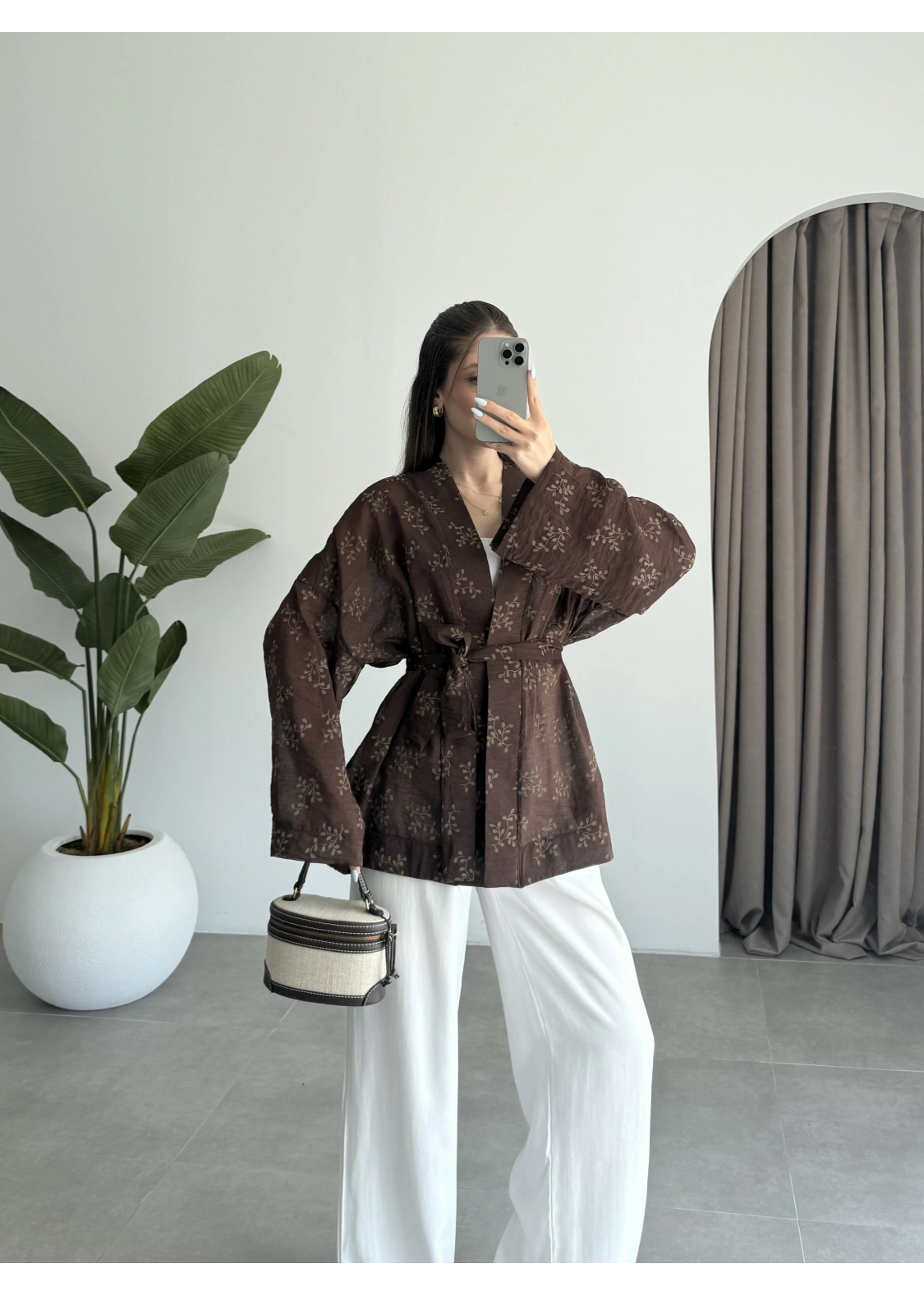 Nakış Baskılı Kuşaklı Kahve Kimono