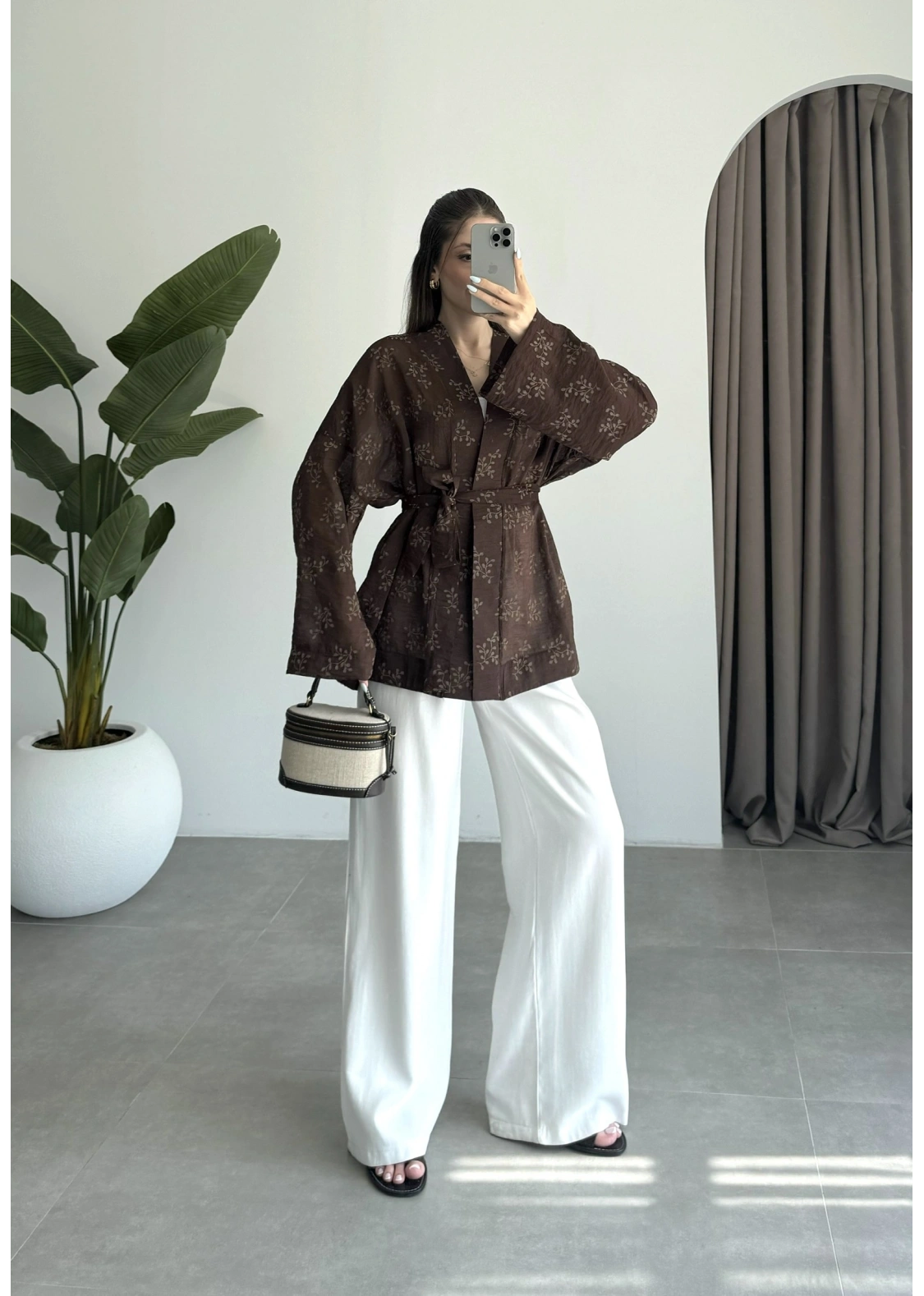 Nakış Baskılı Kuşaklı Kahve Kimono