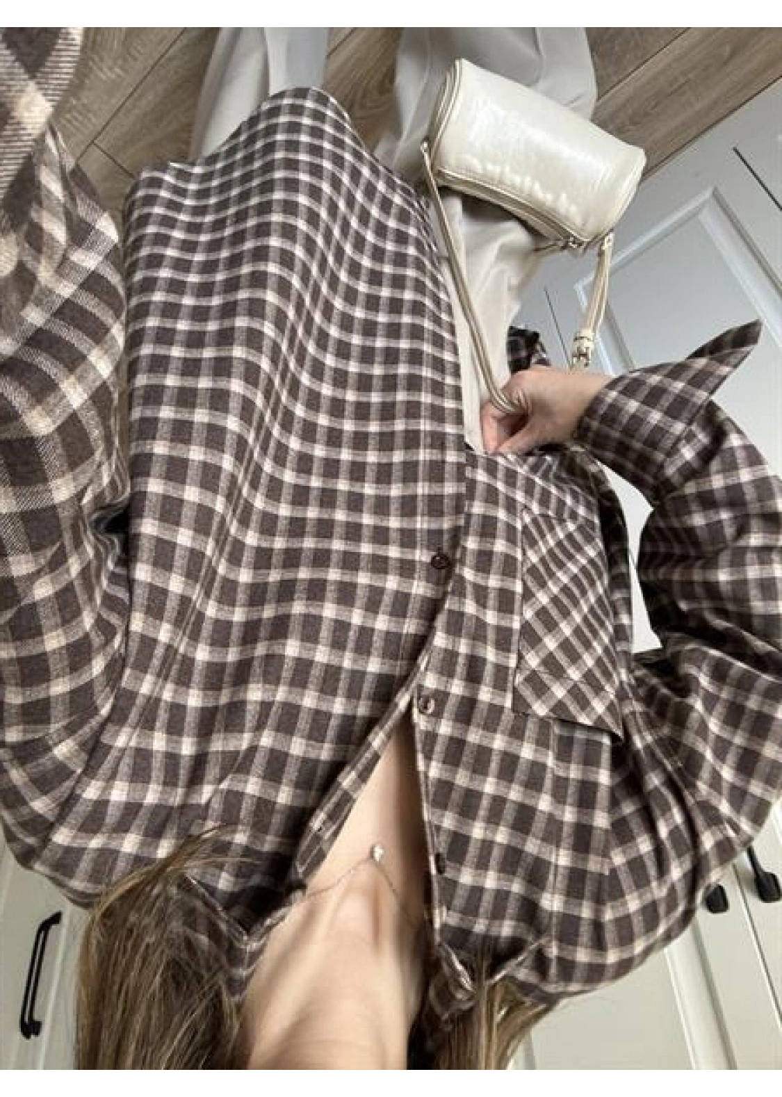 Noble Oversize Acı Kahve Kare Ekose Gömlek