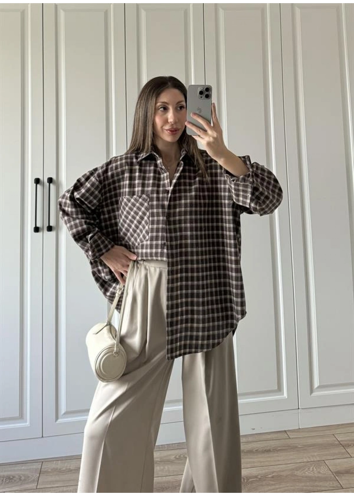 Noble Oversize Acı Kahve Kare Ekose Gömlek