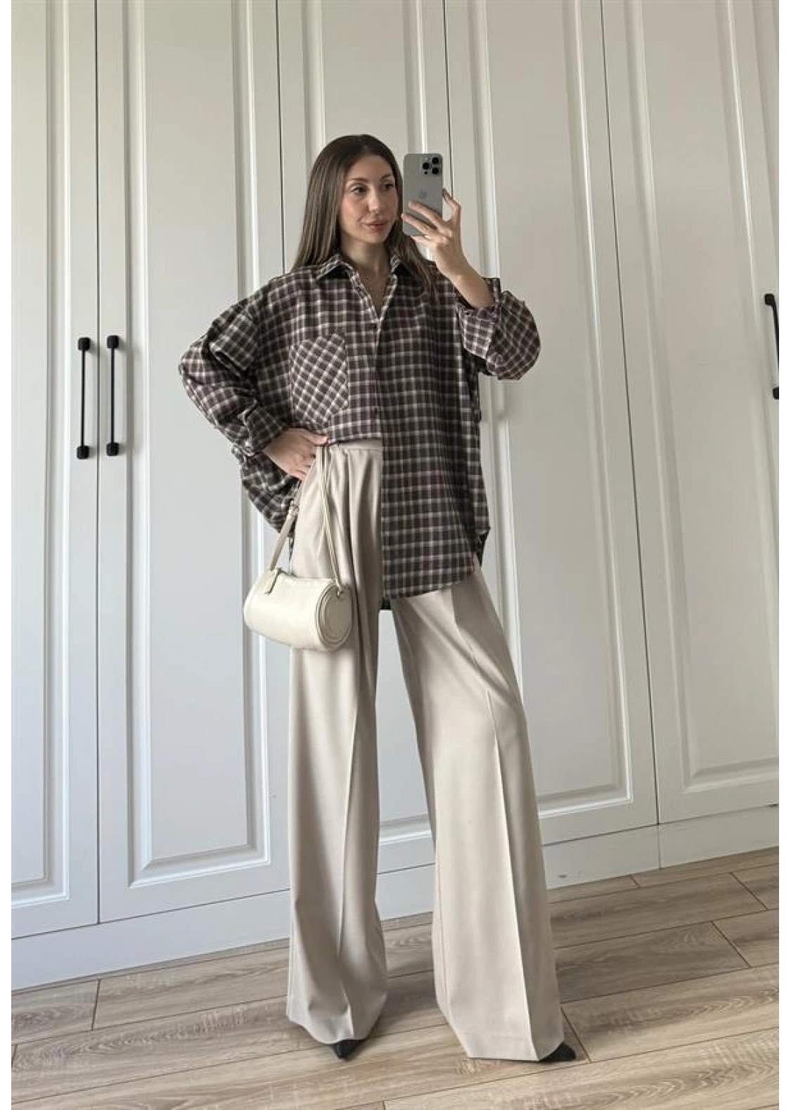 Noble Oversize Acı Kahve Kare Ekose Gömlek