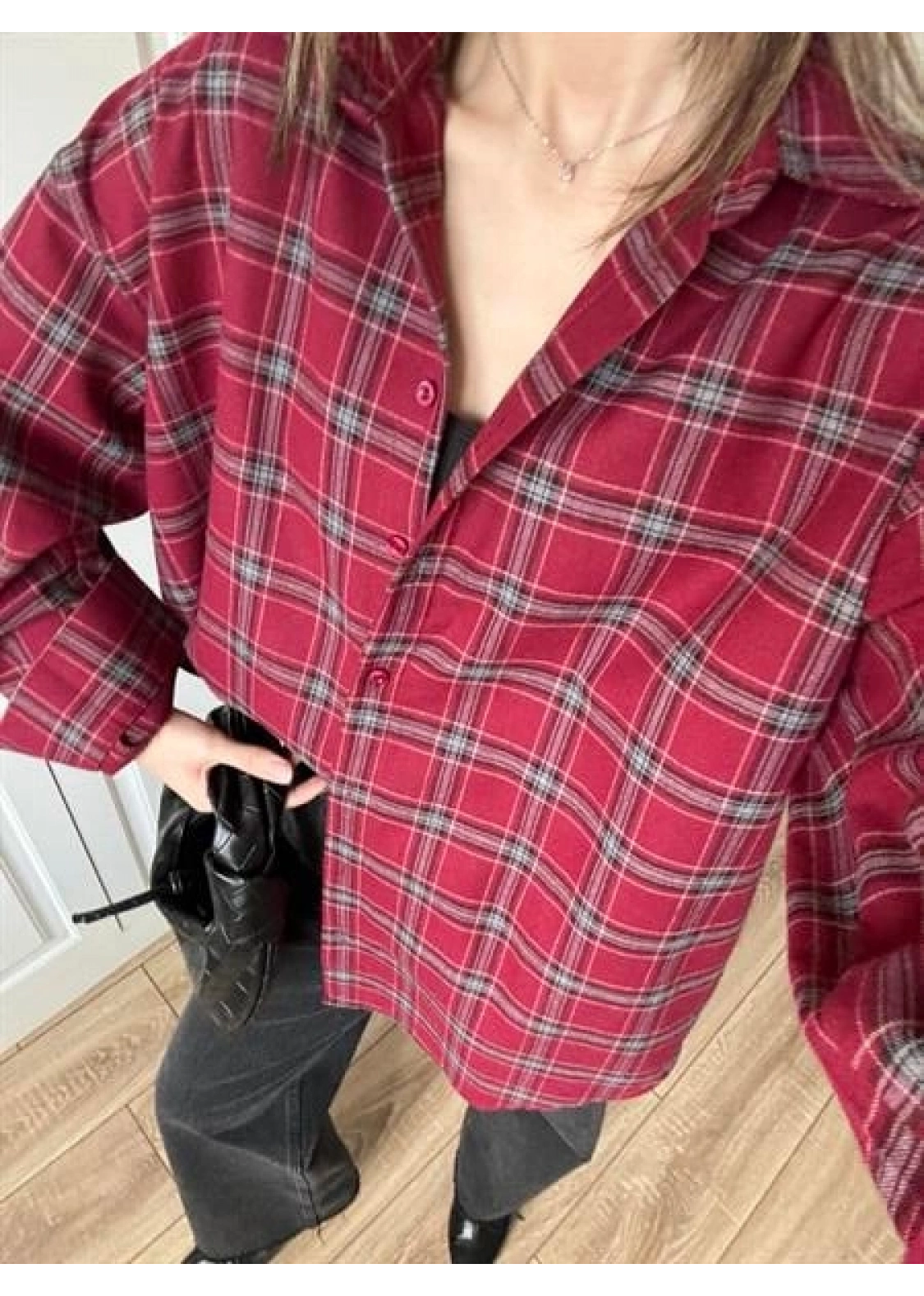 Noble Oversize Bordo Ekose Gömlek