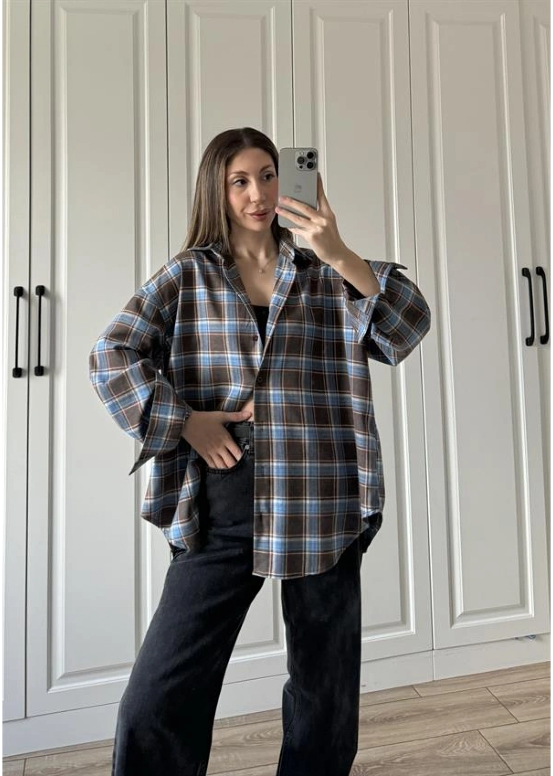 Noble Oversize Mavi Ekose Gömlek