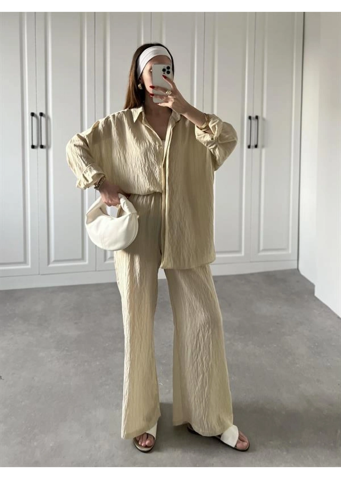 Nora İthal Kumaş Krem Gömlek Takım